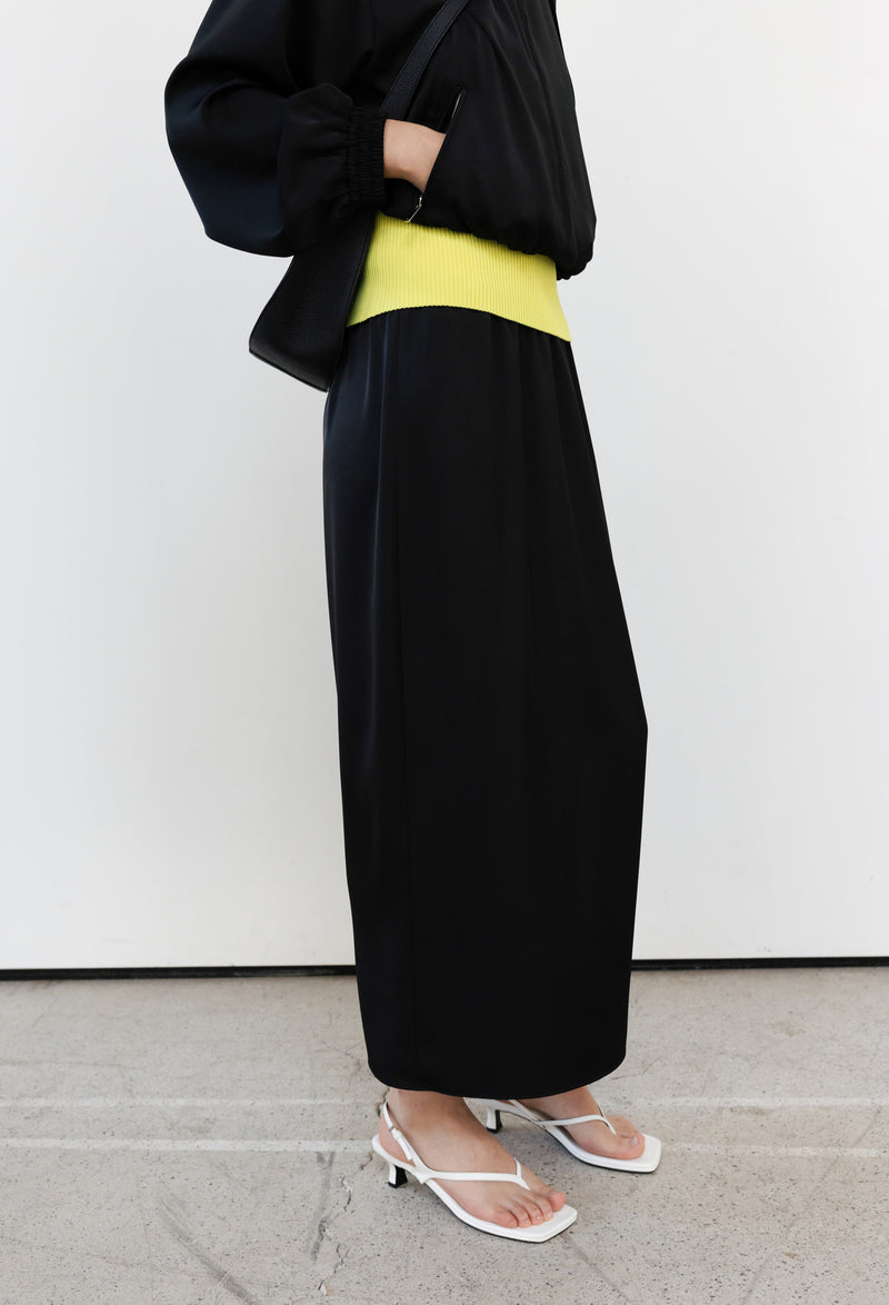 Satin shirred-waist skirt, black