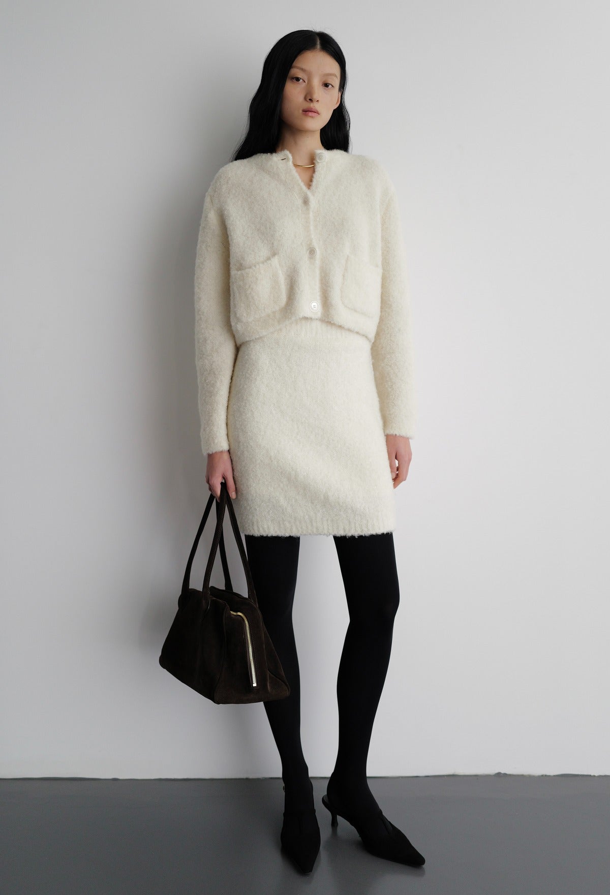 부클 니트 스커트 아이보리