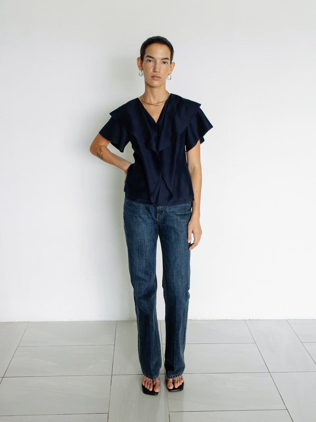 Ruffled Peplum Blouse Navy