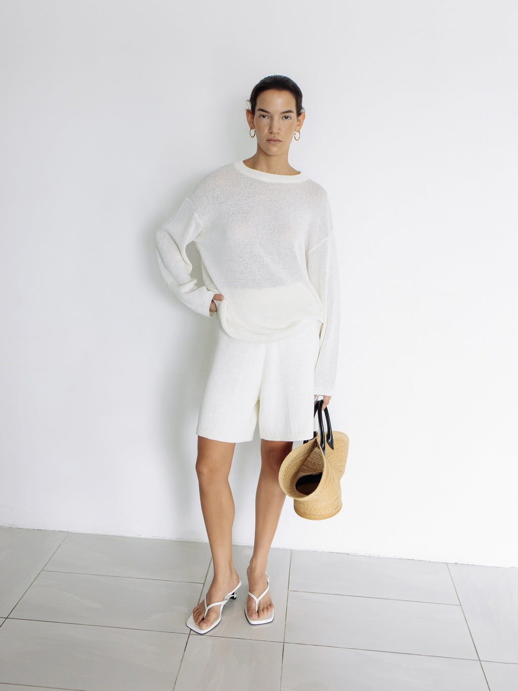 Sheer round pullover ivory