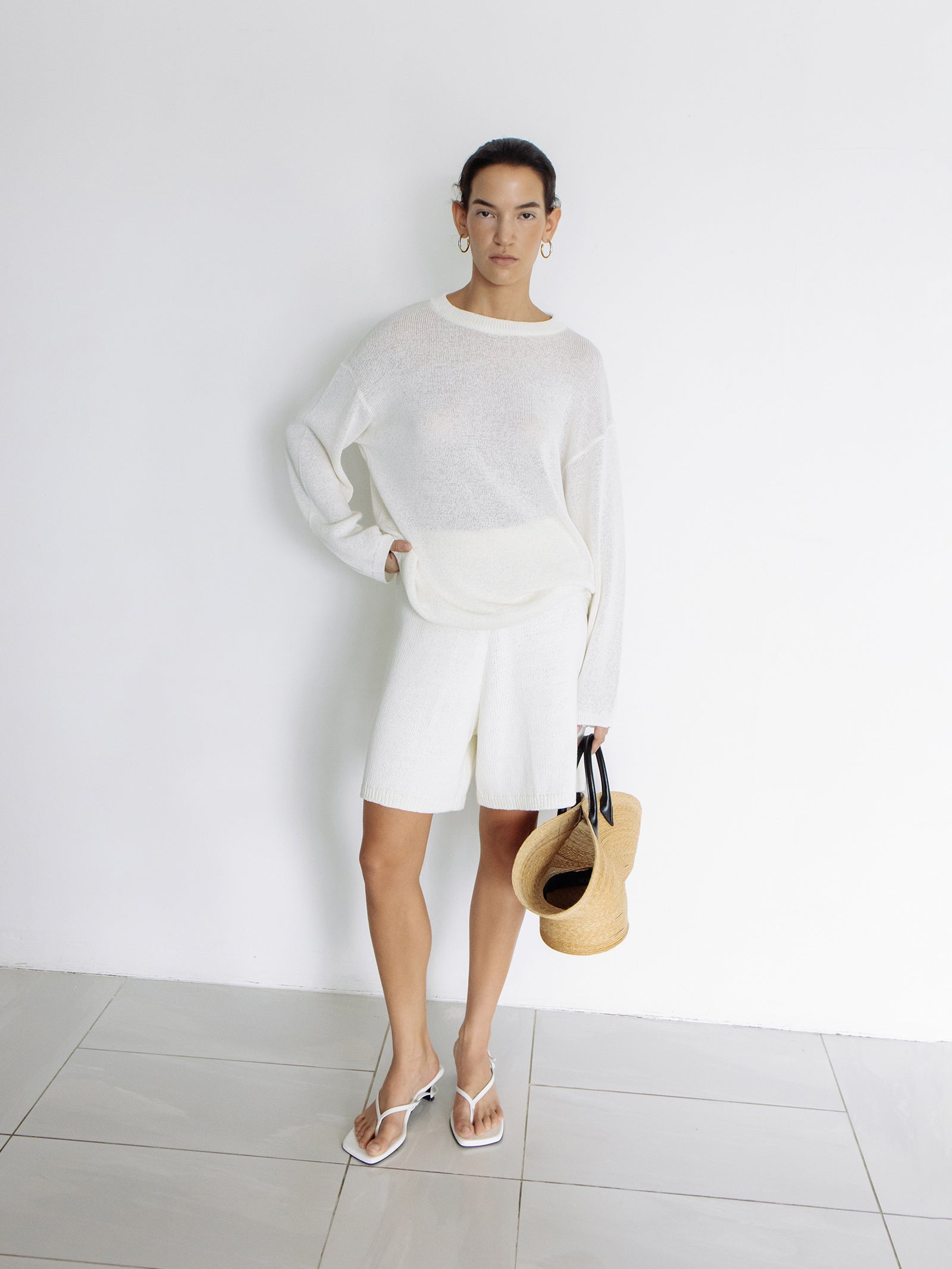 Sheer round pullover ivory