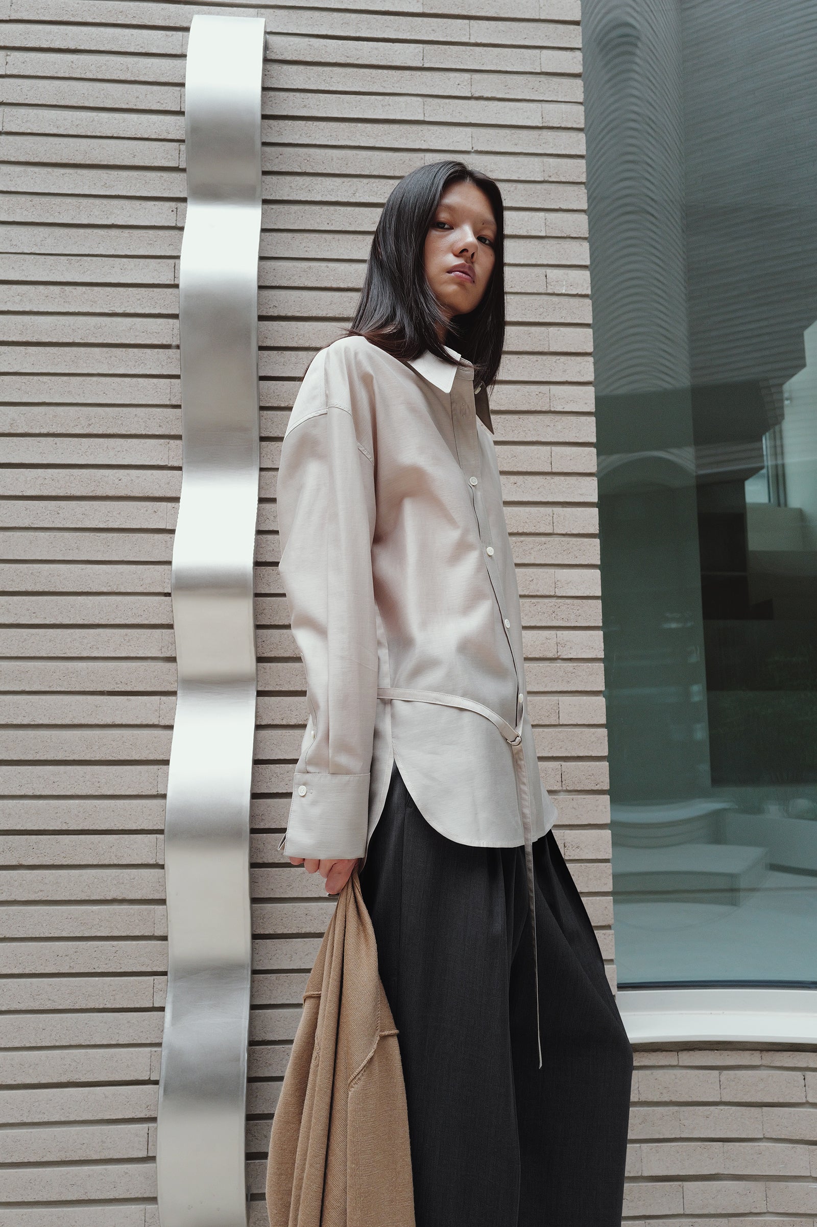 Belted Sheer Shirt Greige