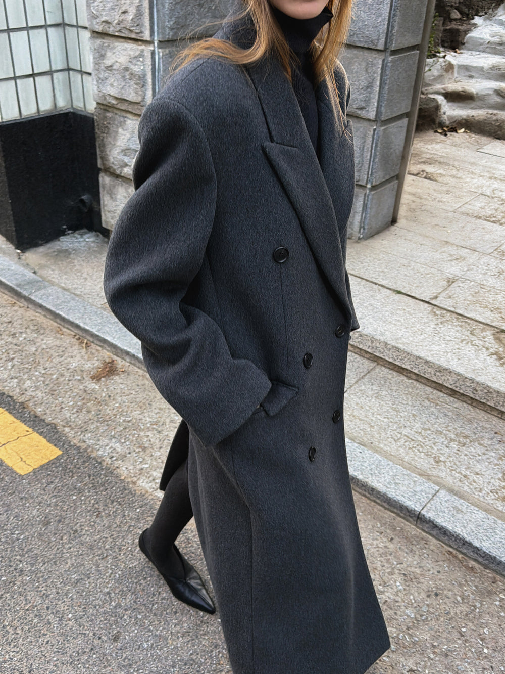 Double Tailored Long Coat Charcoal