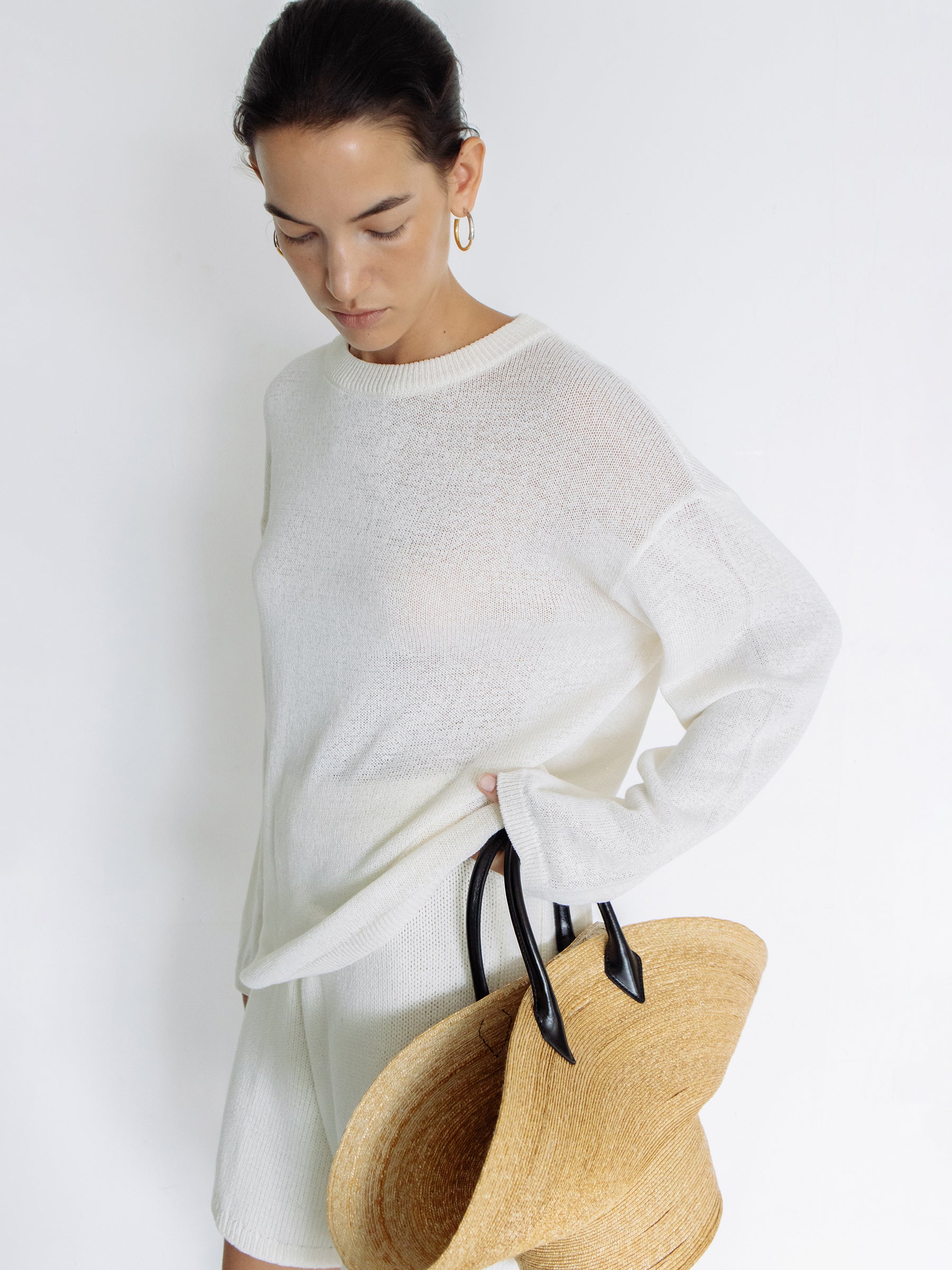 Sheer round pullover ivory