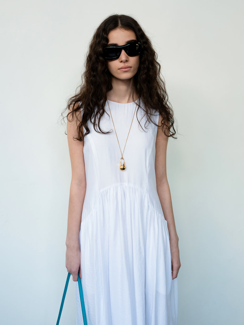 Flowy Shirring One-piece Dress White