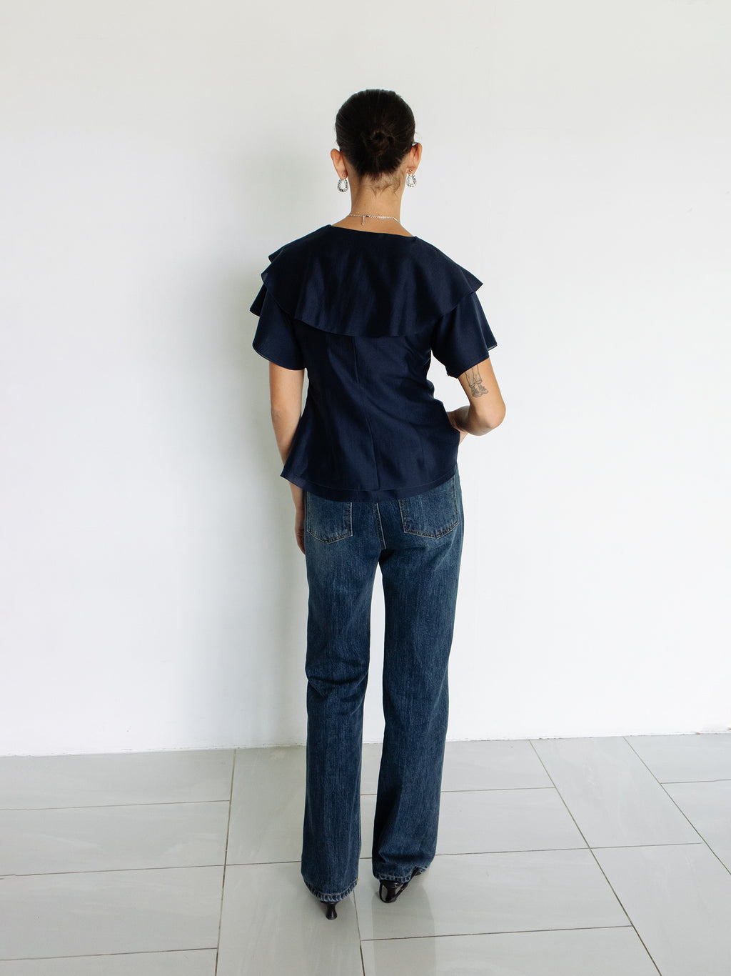 Ruffled Peplum Blouse Navy