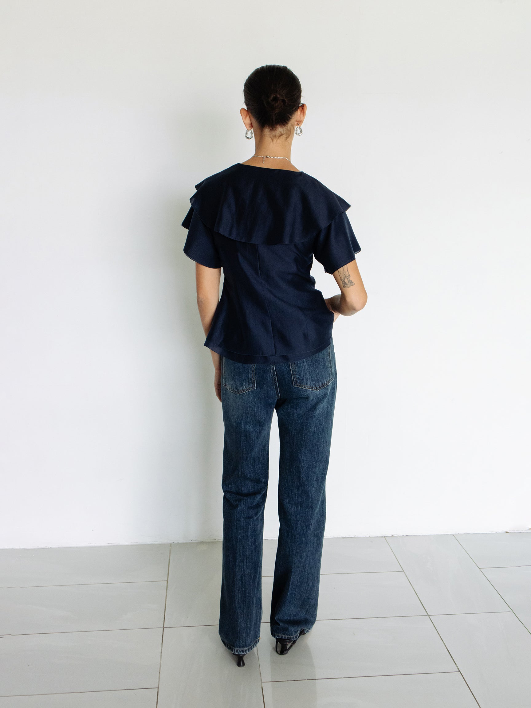 Ruffled Peplum Blouse Navy
