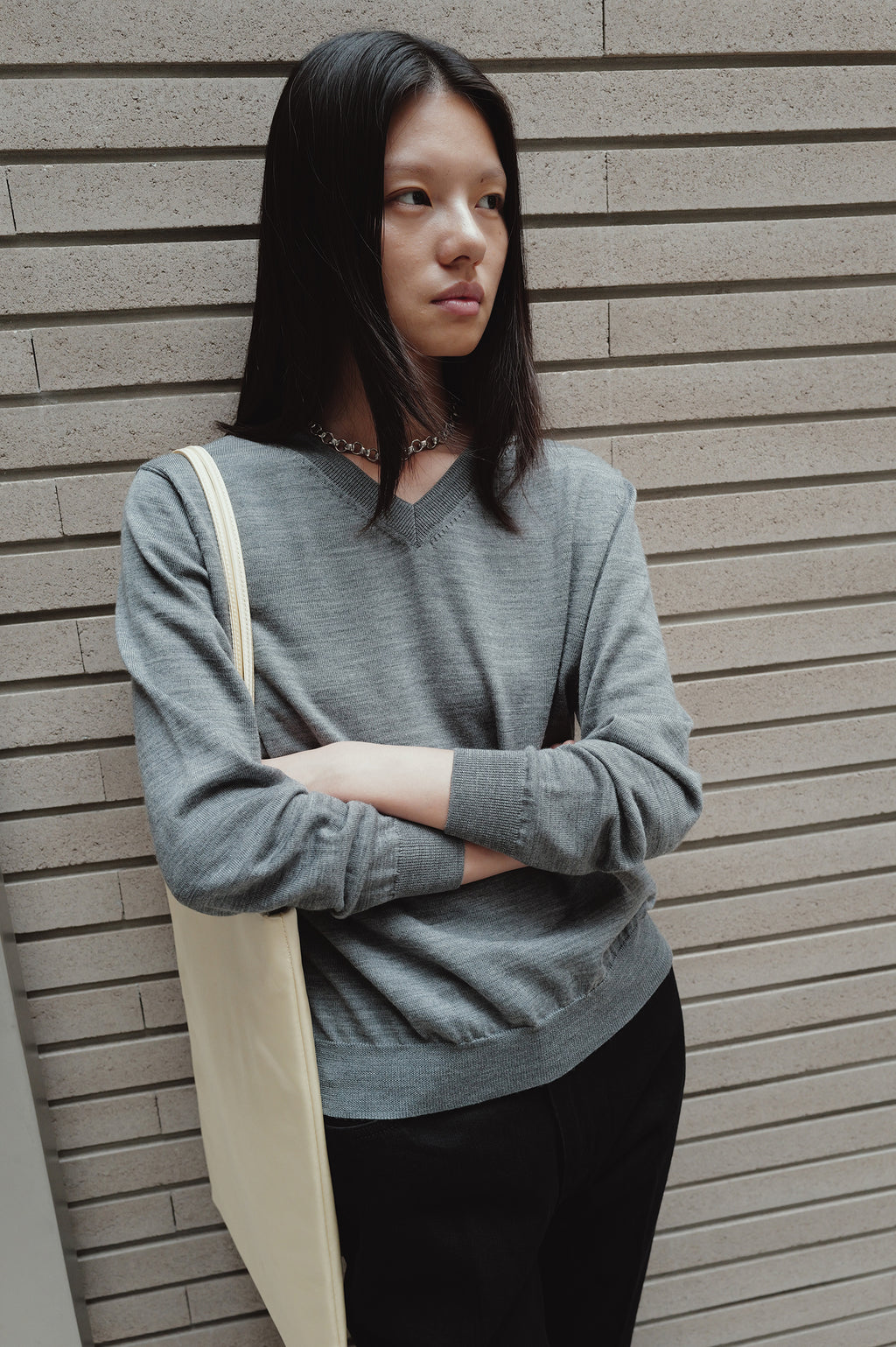 Washable 100% Wool V-neck Pullover Melange Gray