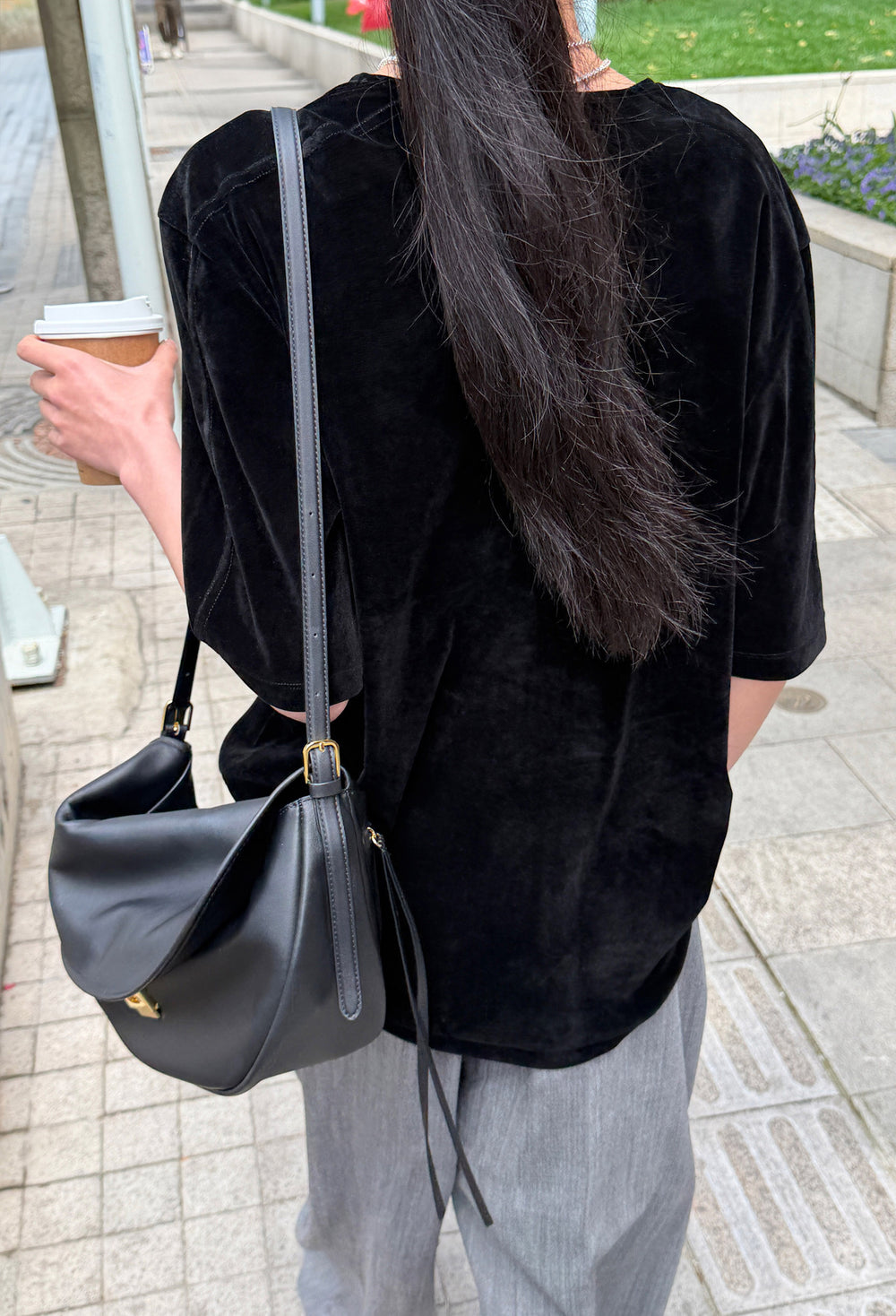 Velour U-neck T-shirt Black