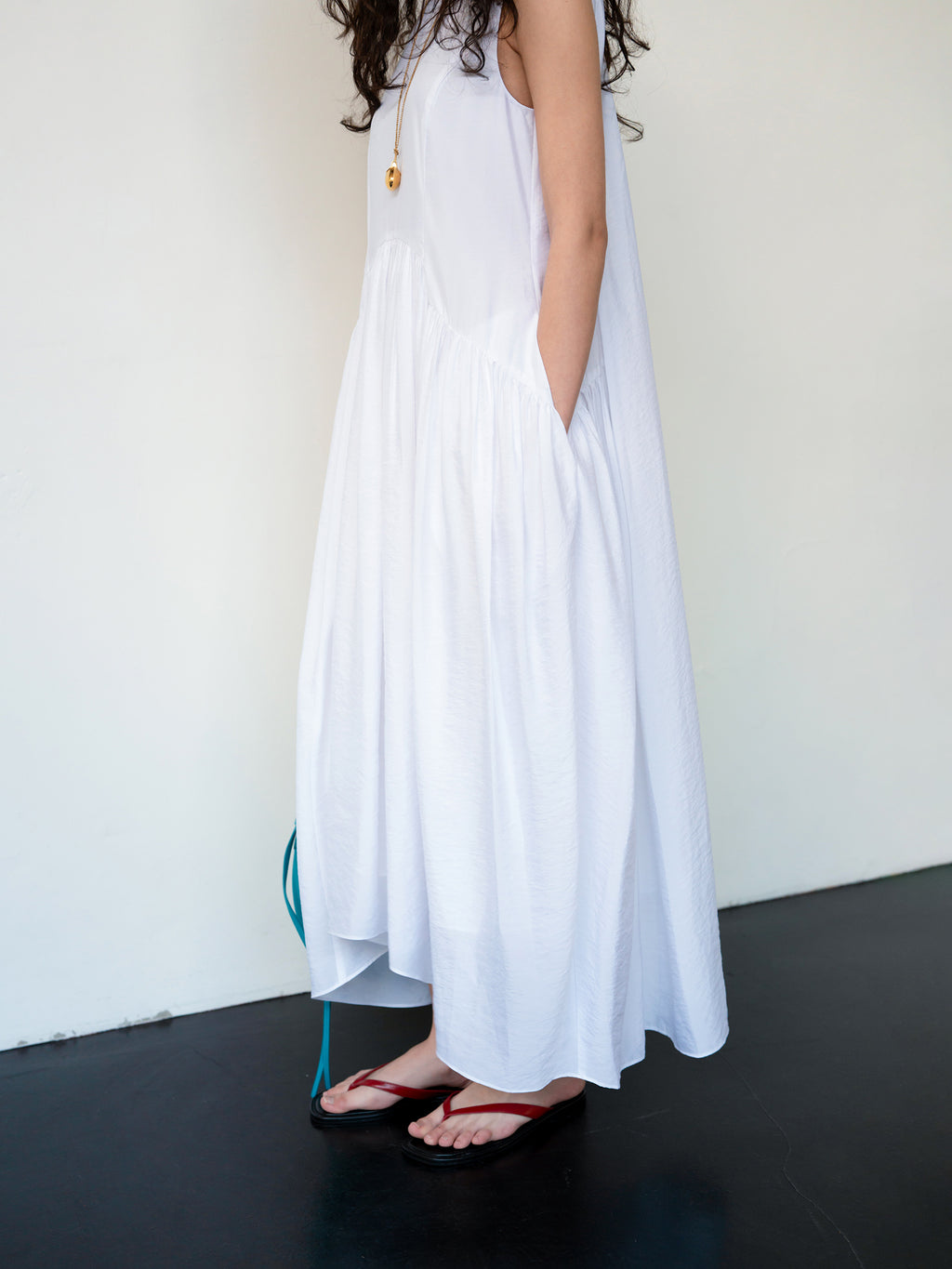 Flowy Shirring One-piece Dress White