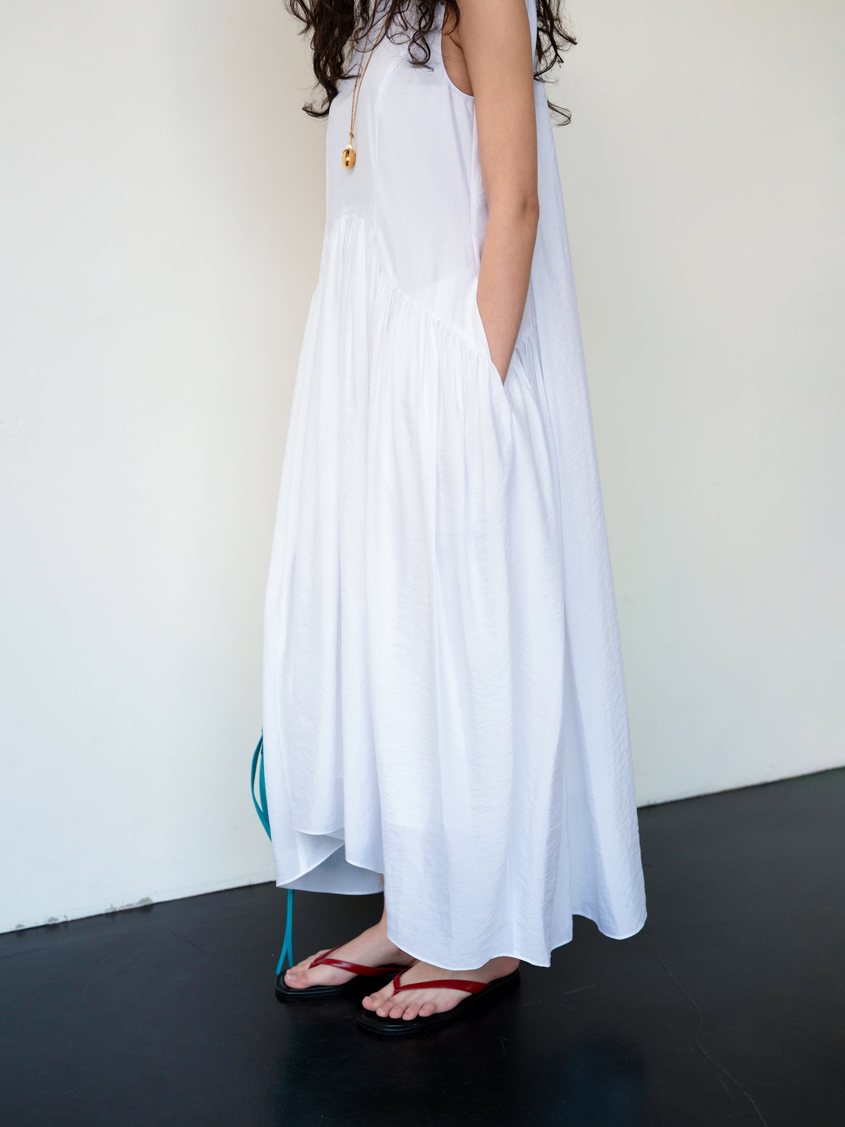 Flowy Shirring One-piece Dress White