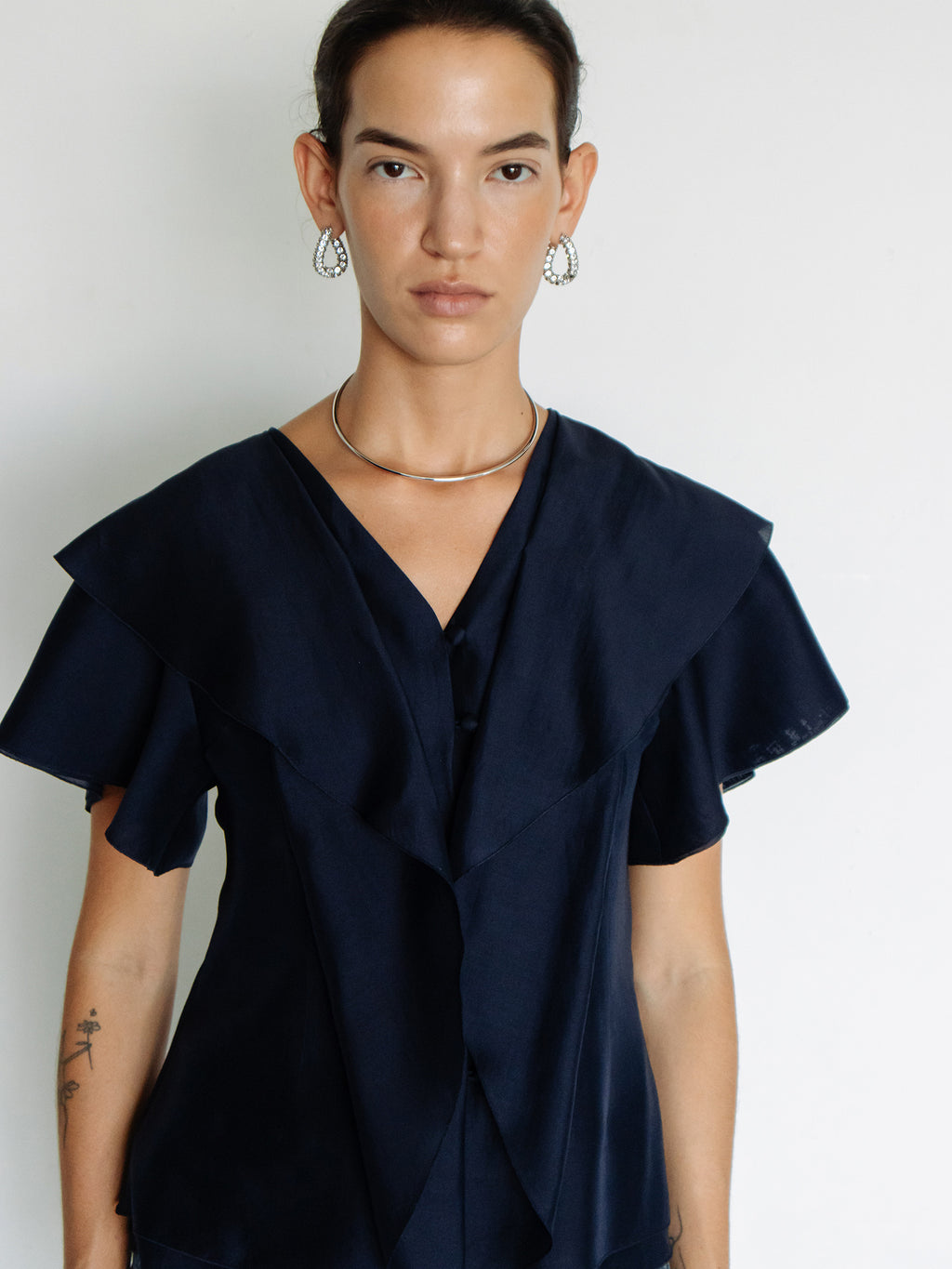 Ruffled Peplum Blouse Navy