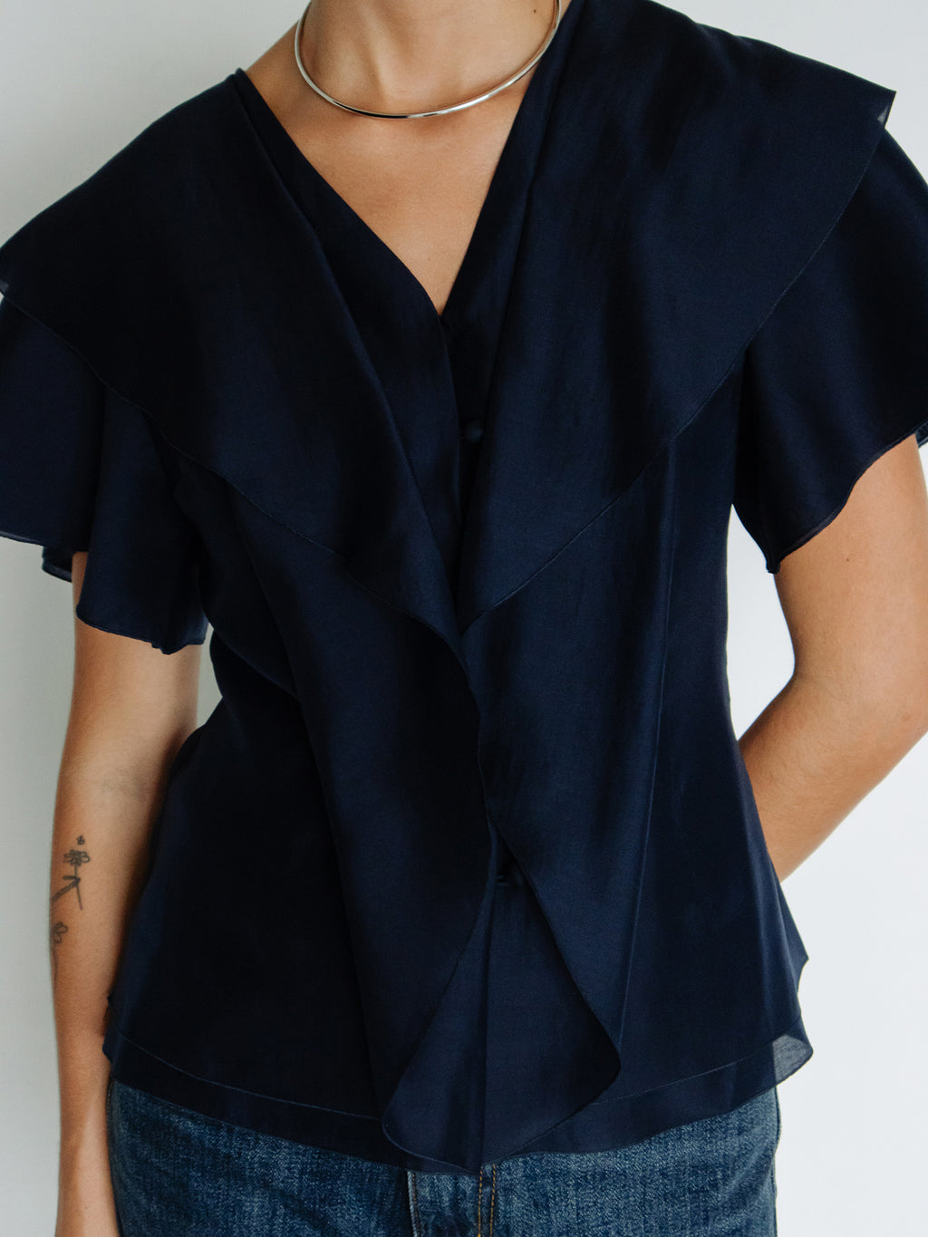 Ruffled Peplum Blouse Navy