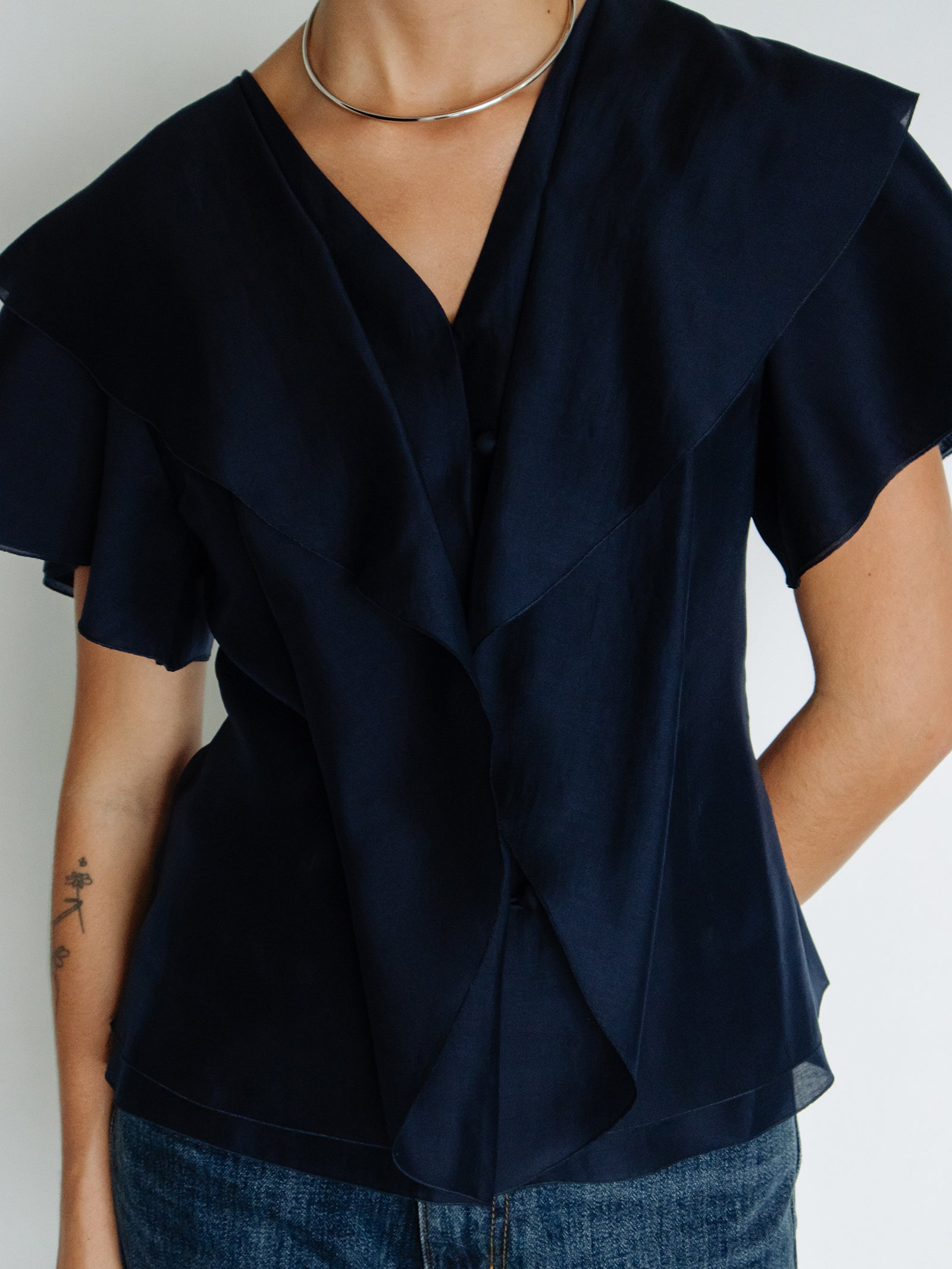 Ruffled Peplum Blouse Navy