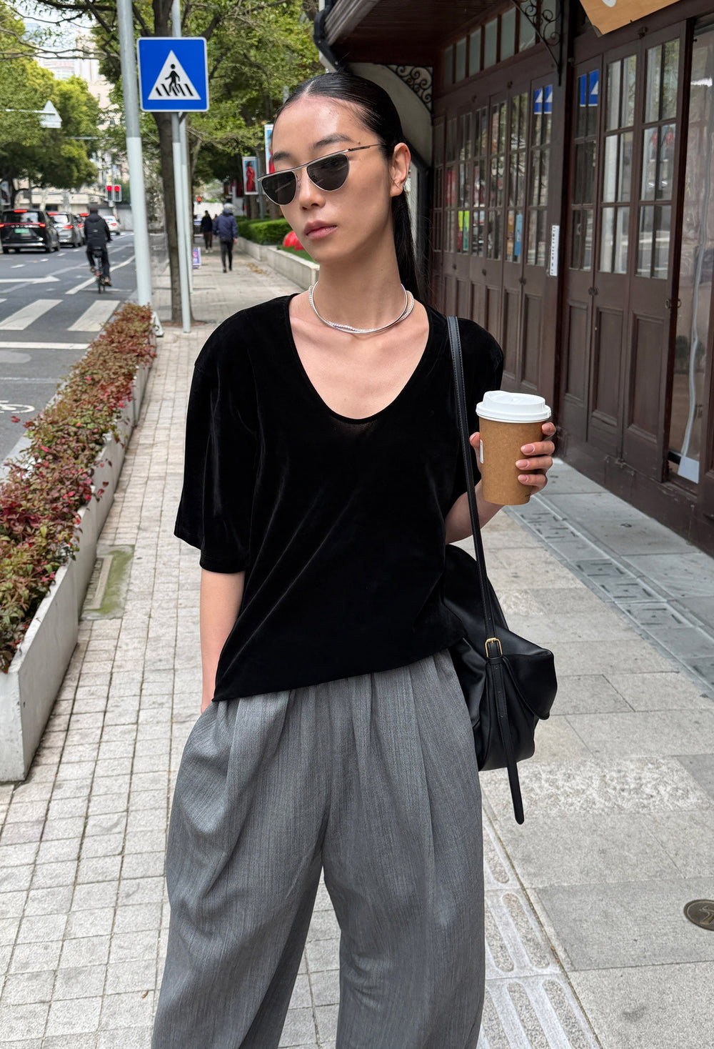 Velour U-neck T-shirt Black