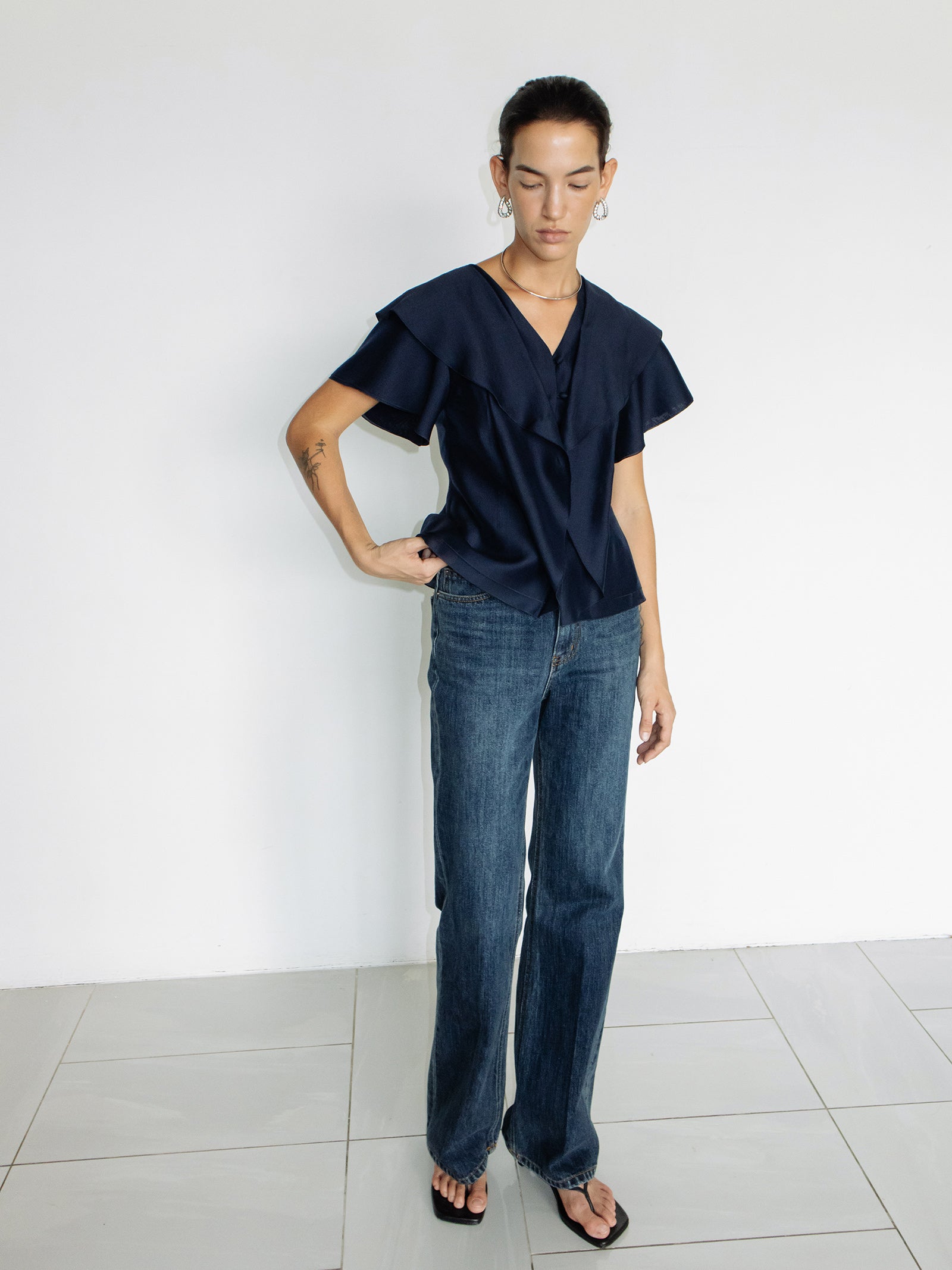 Ruffled Peplum Blouse Navy