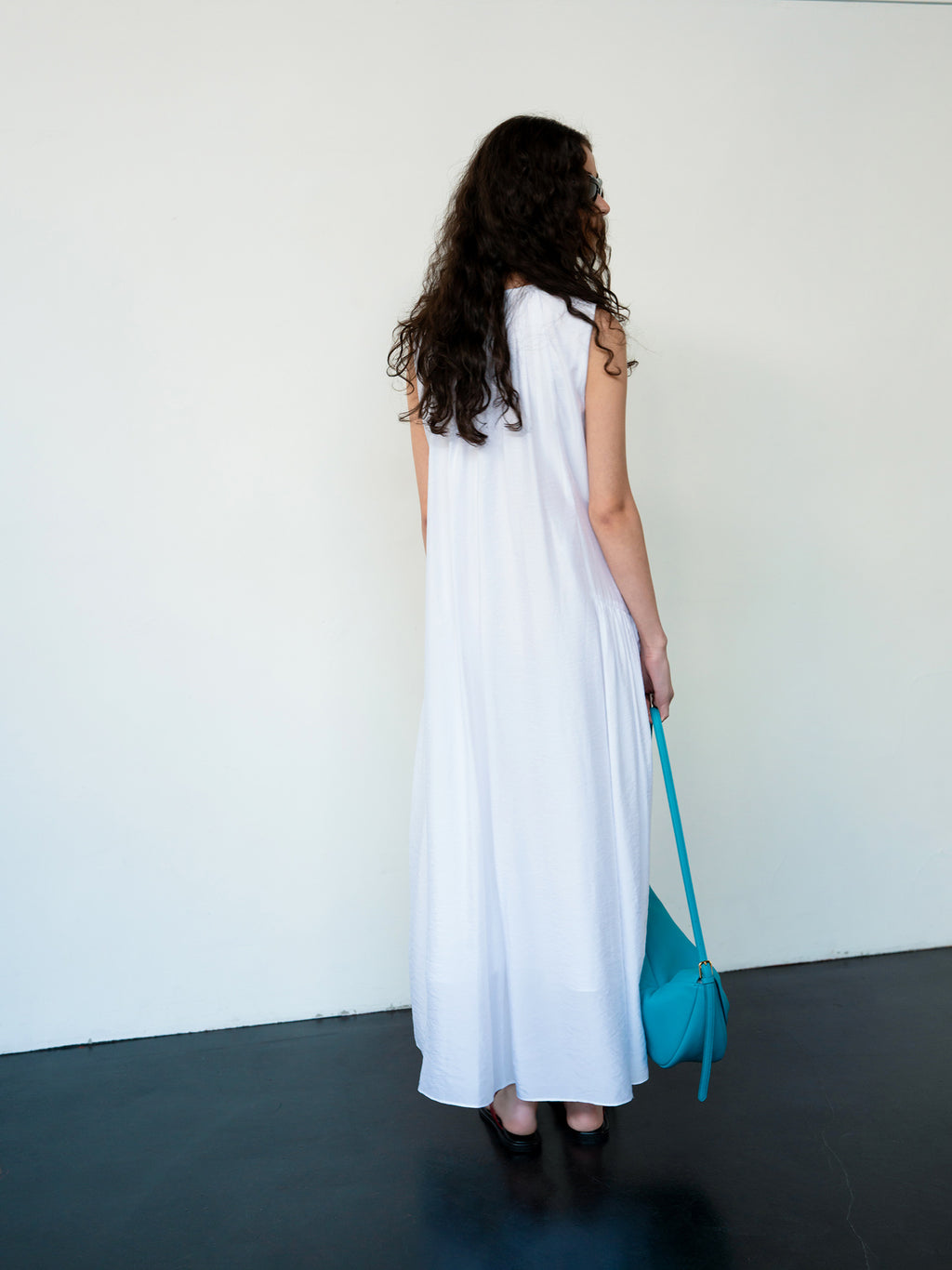Flowy Shirring One-piece Dress White