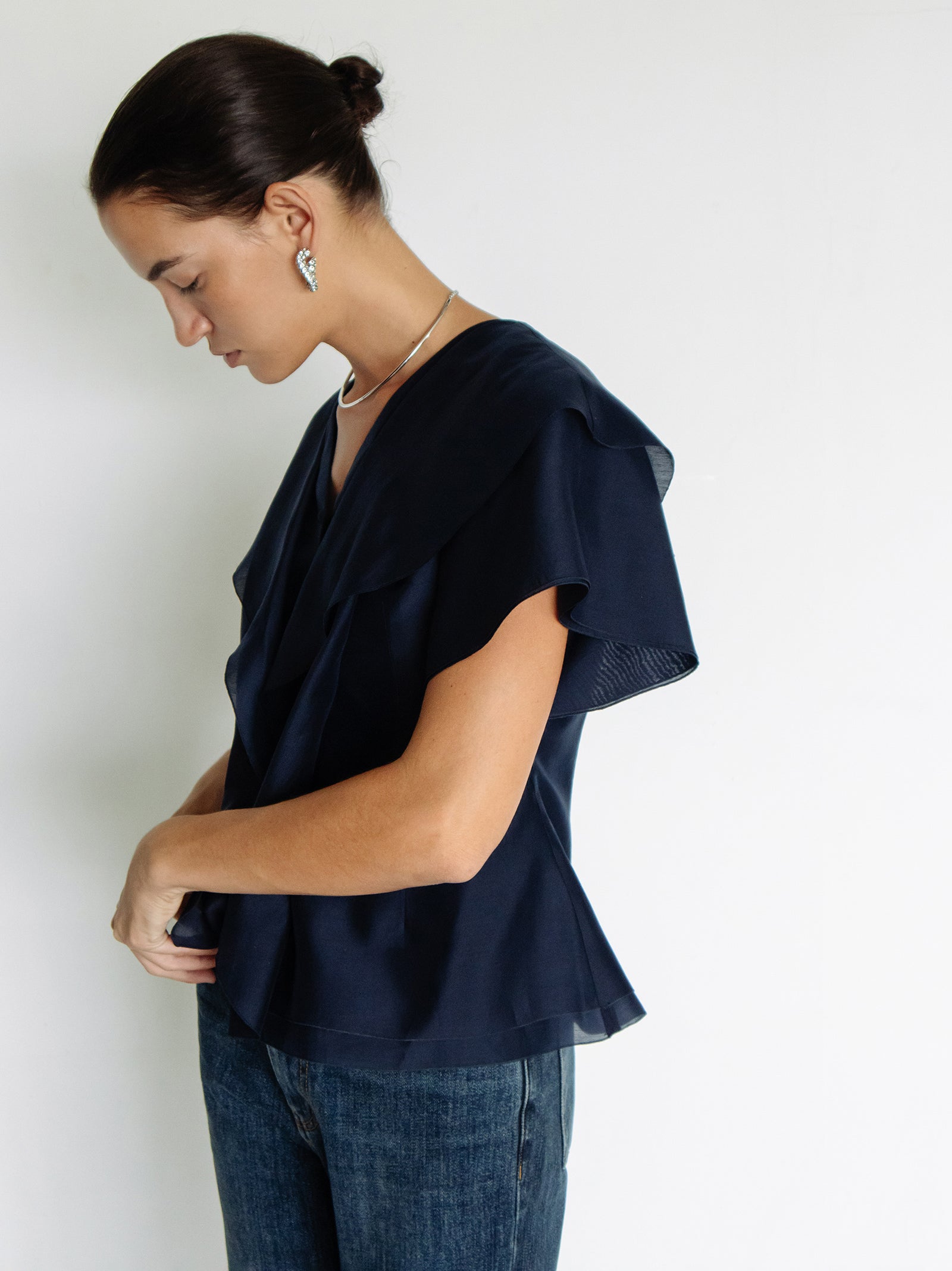 Ruffled Peplum Blouse Navy