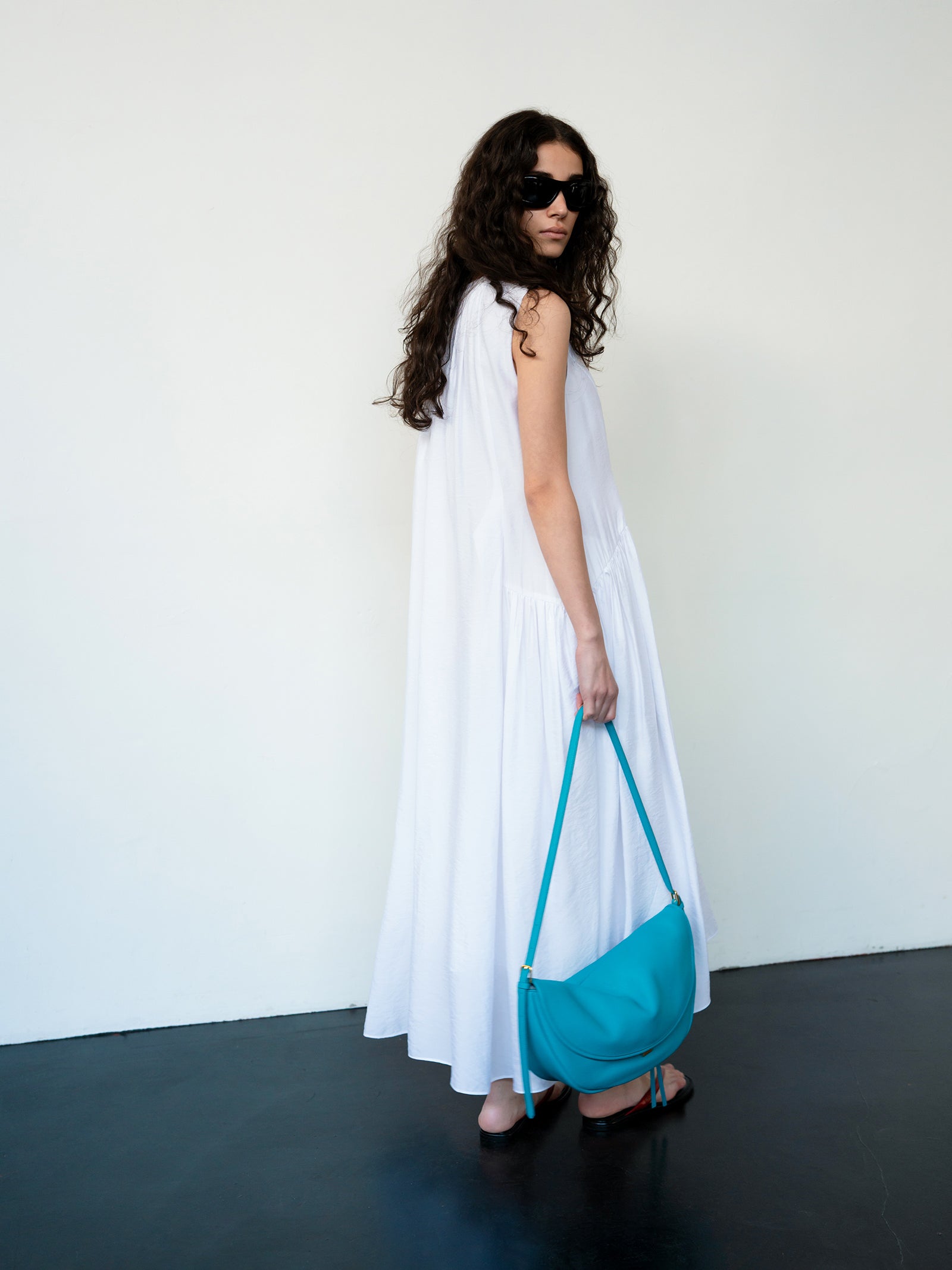 Flowy Shirring One-piece Dress White