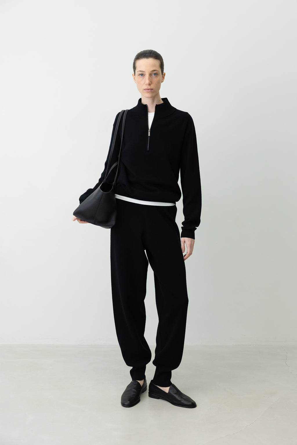 Washable Wool Cotton Half-Zip Knit Black