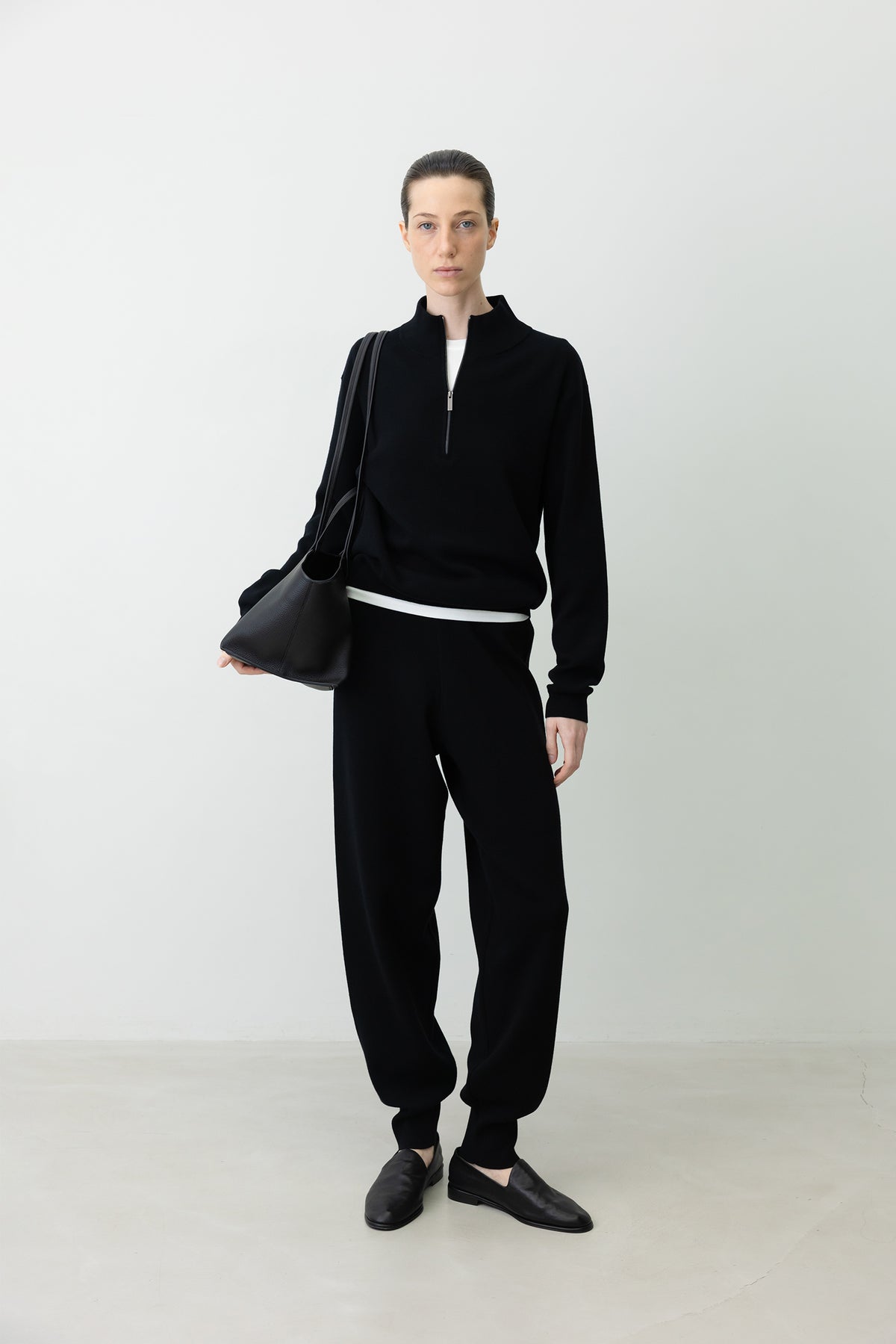 Washable Wool Cotton Half-Zip Knit Black