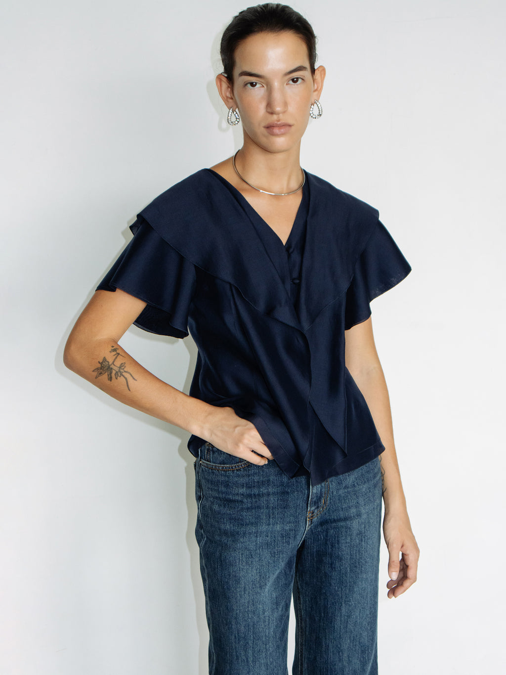 Ruffled Peplum Blouse Navy