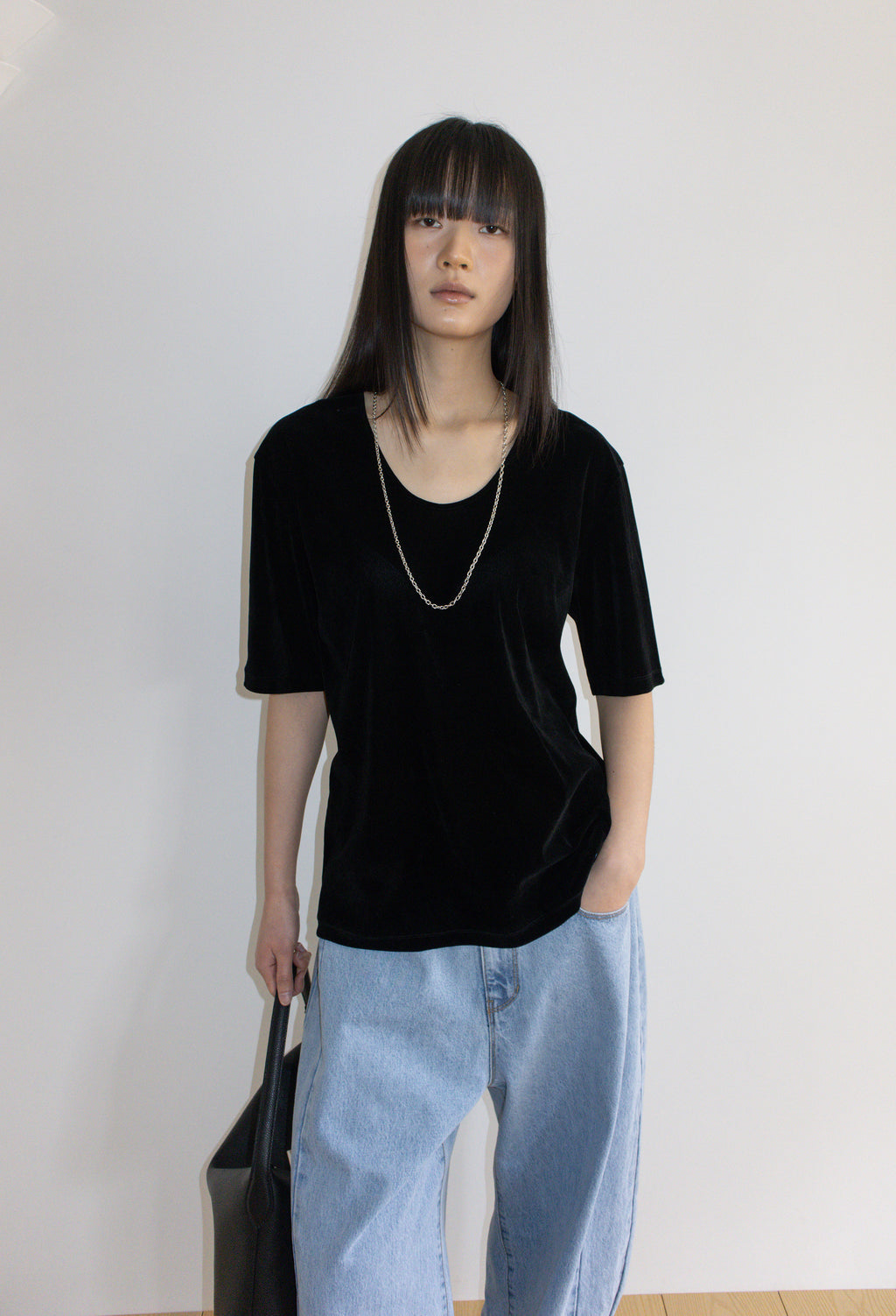 Velour U-neck T-shirt Black