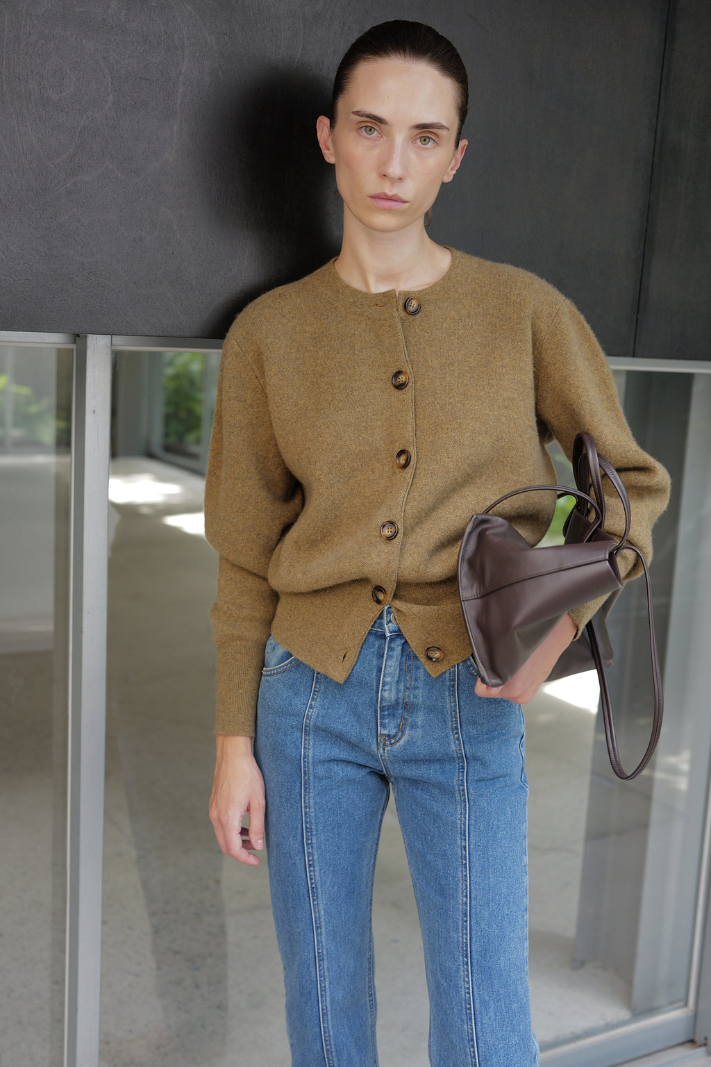 100% Cashmere Double-knit Cardigan Khaki Brown