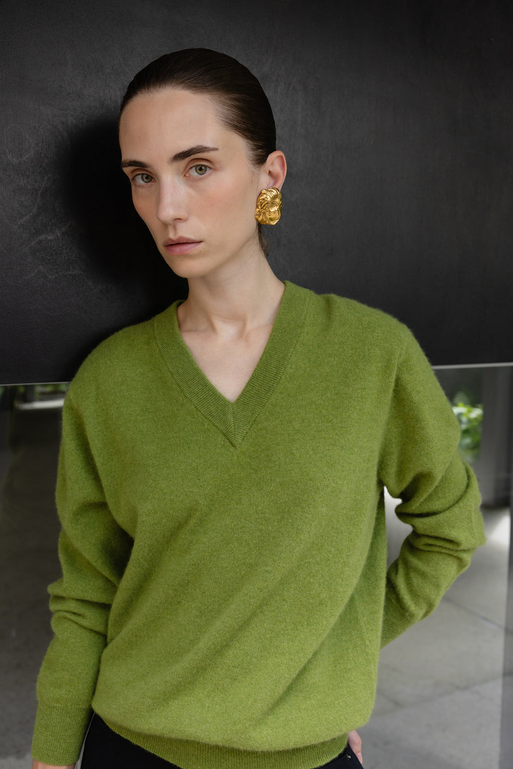 Cashmere 100 V-neck Knit Olive