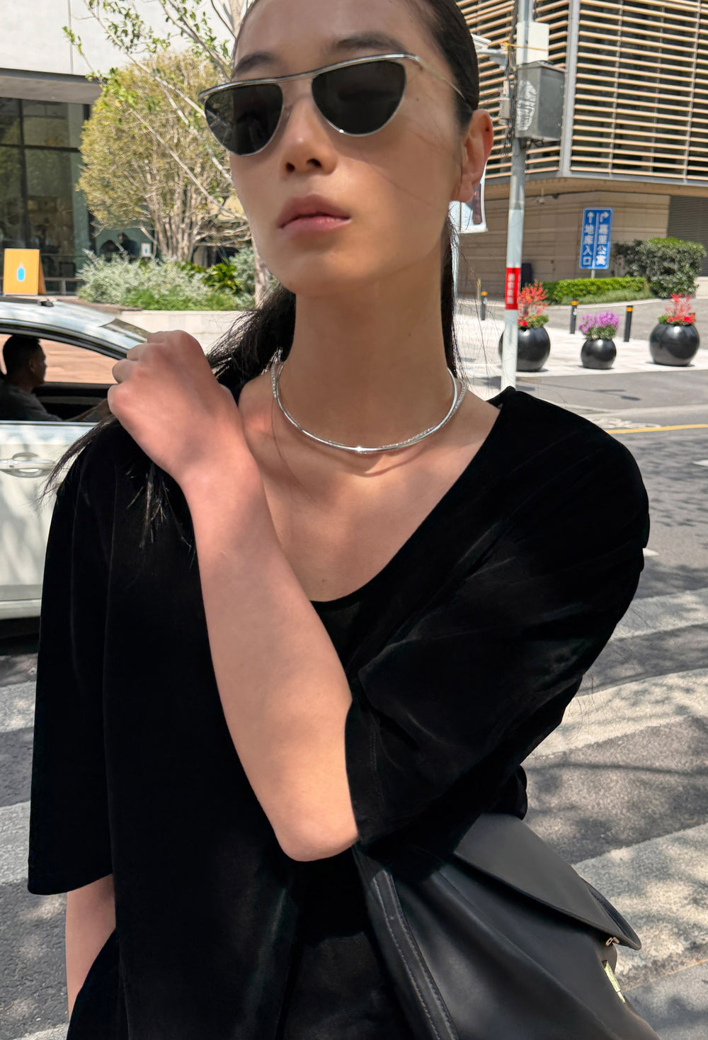 Velour U-neck T-shirt Black