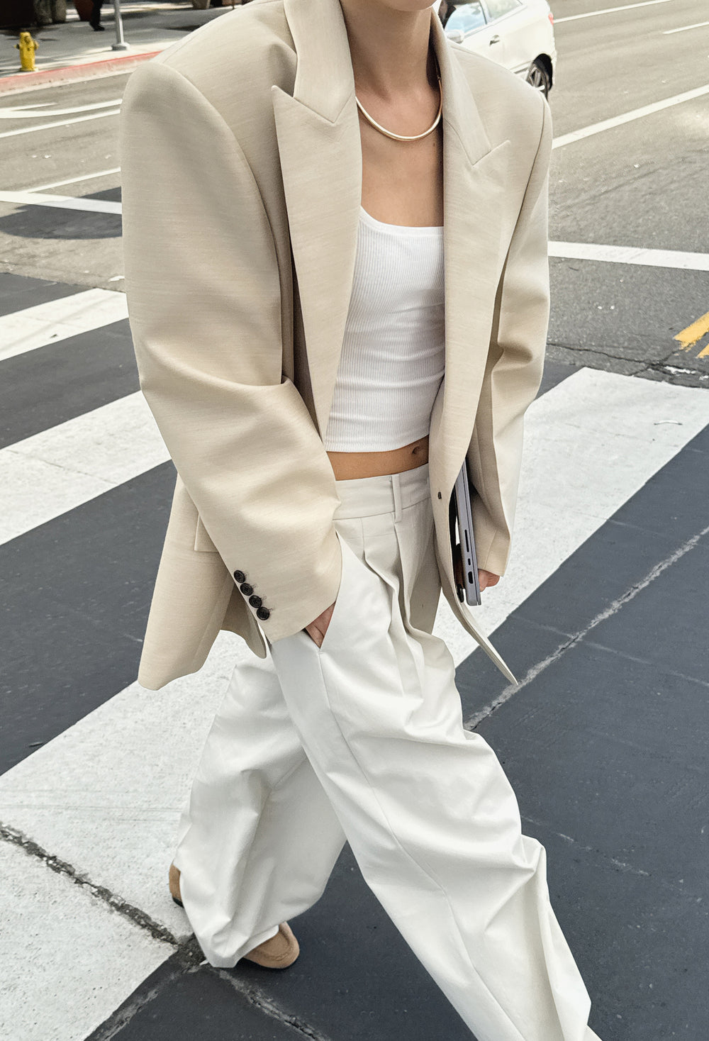 Cotton Wide Trousers Beige