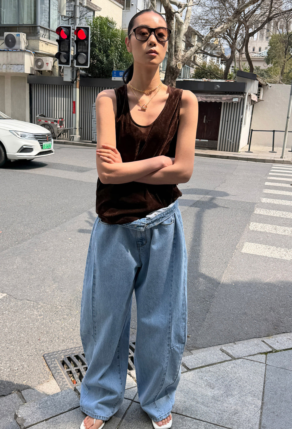 Velour Sleeveless Top Brown