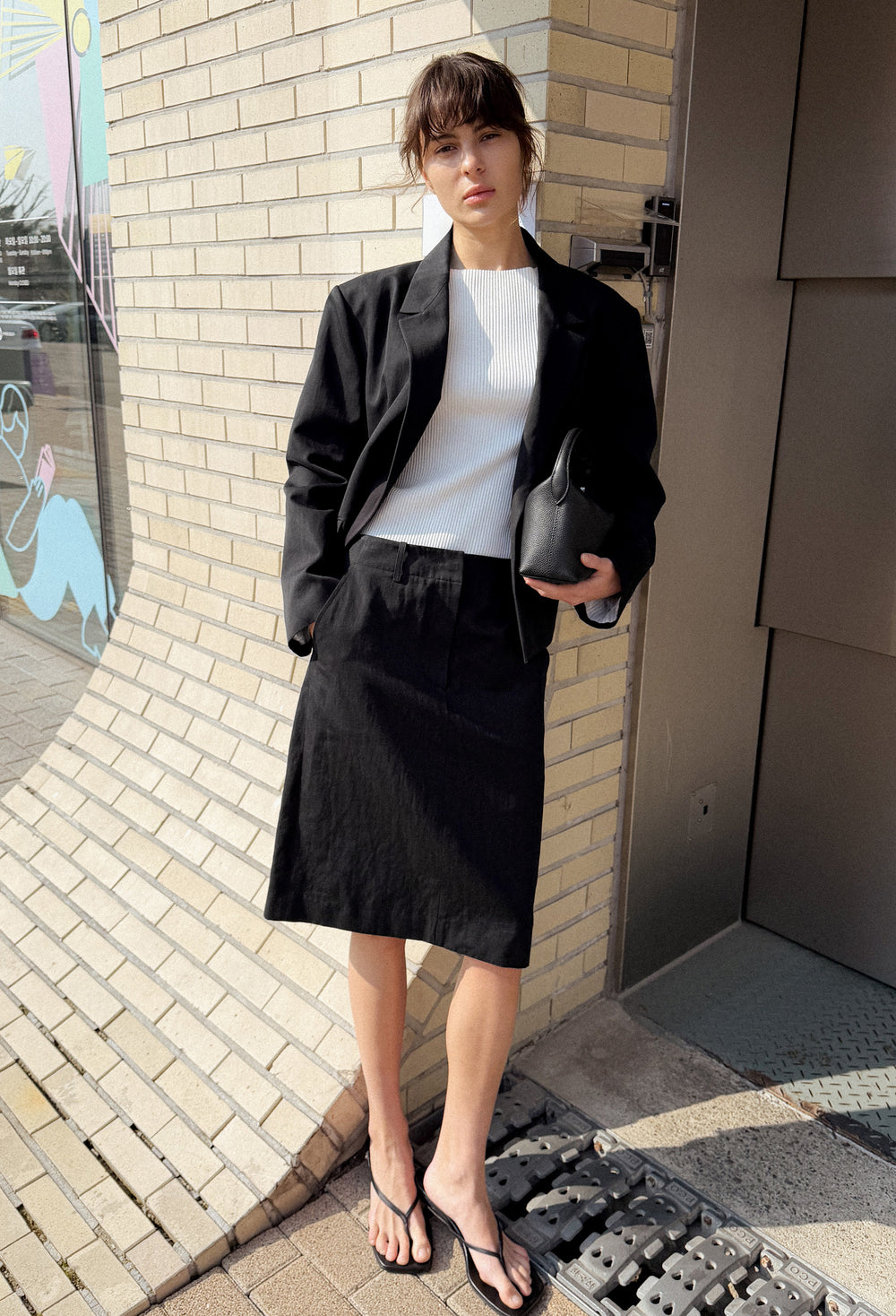 코튼 미디 스커트 블랙