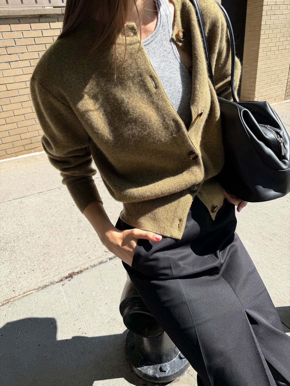 100% Cashmere Double-knit Cardigan Khaki Brown