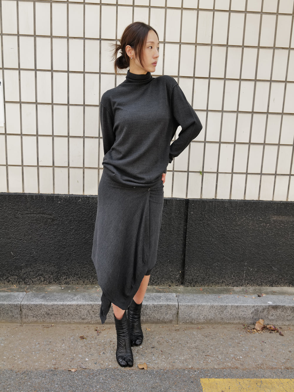 Wool blend knit dress charcoal