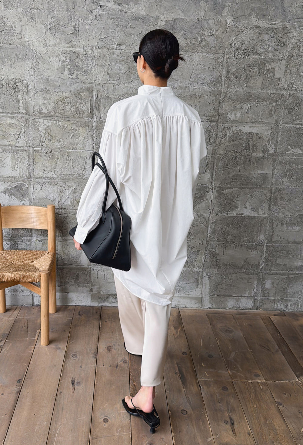 High-neck Shirring Blouse White