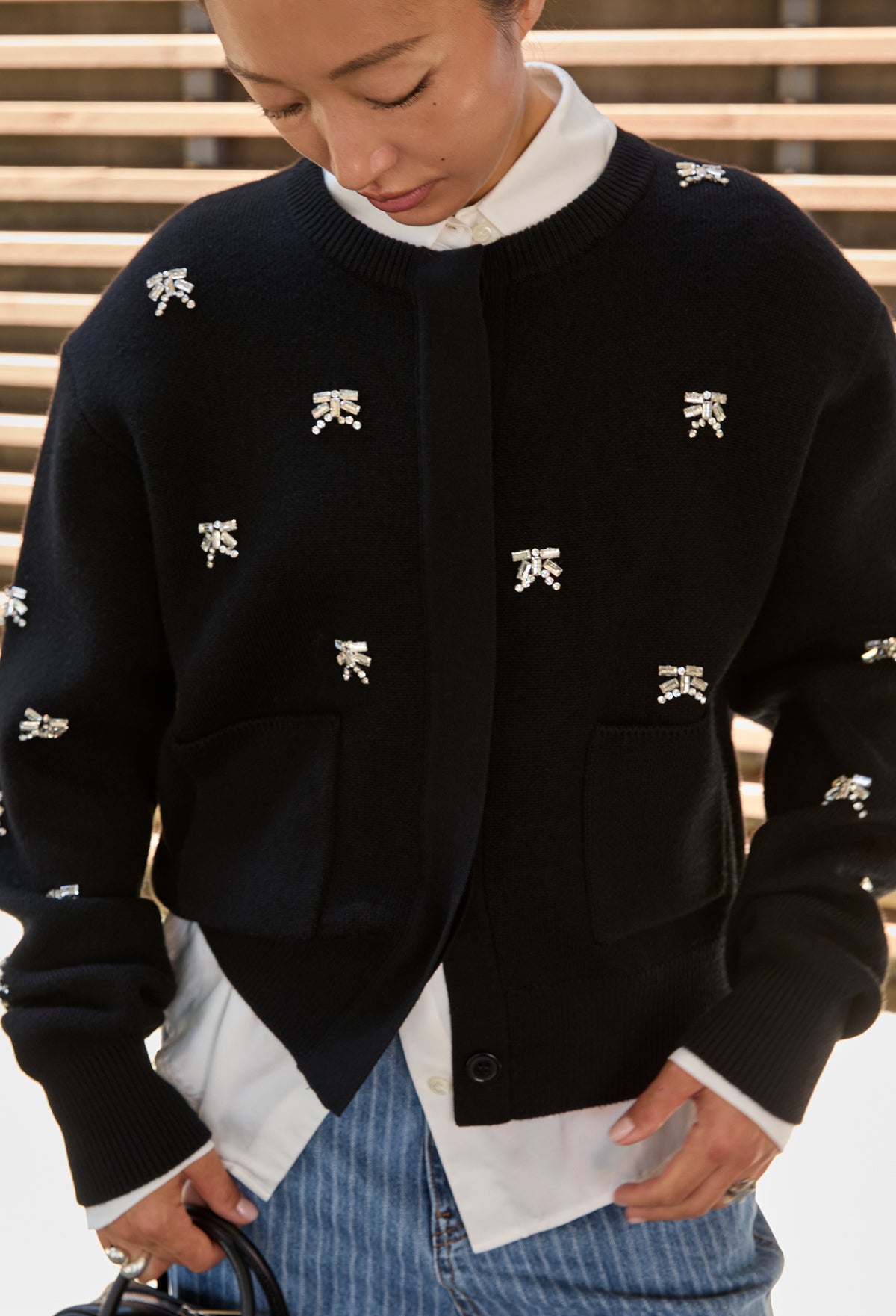 Wool 100 Beaded Cardigan Black