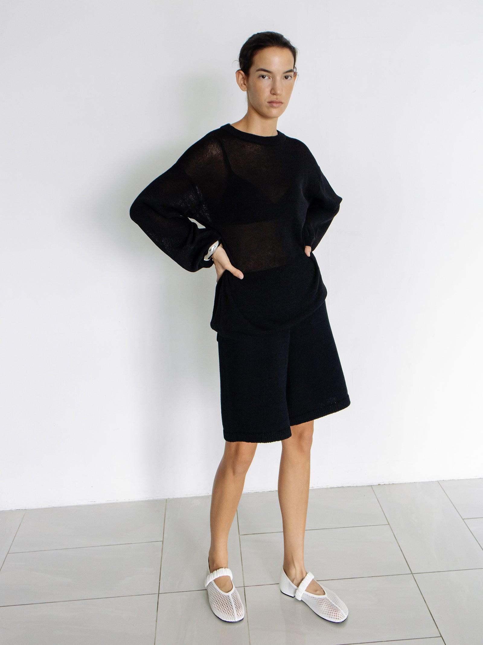 Sheer Round Pullover Black