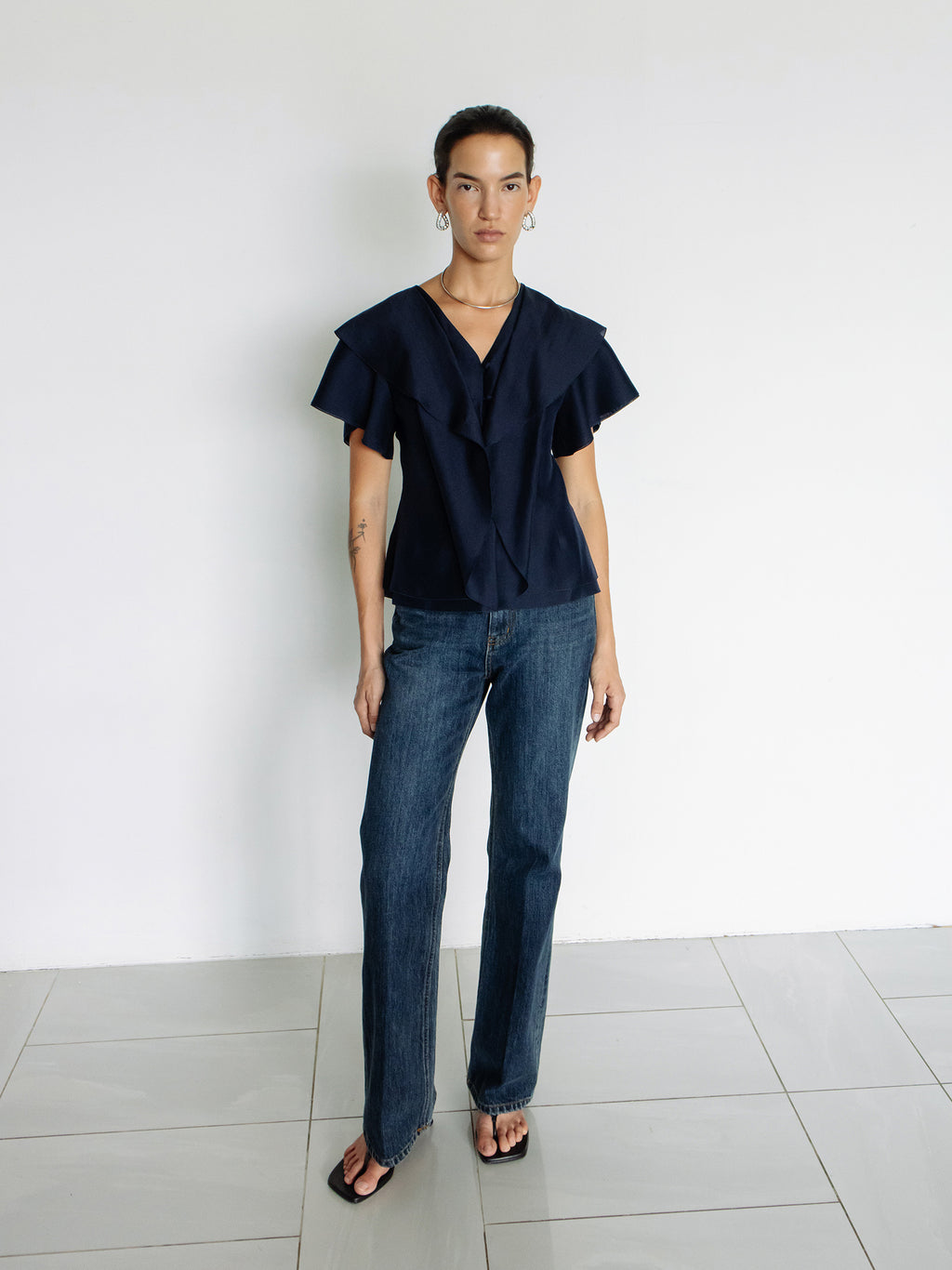 Ruffled Peplum Blouse Navy