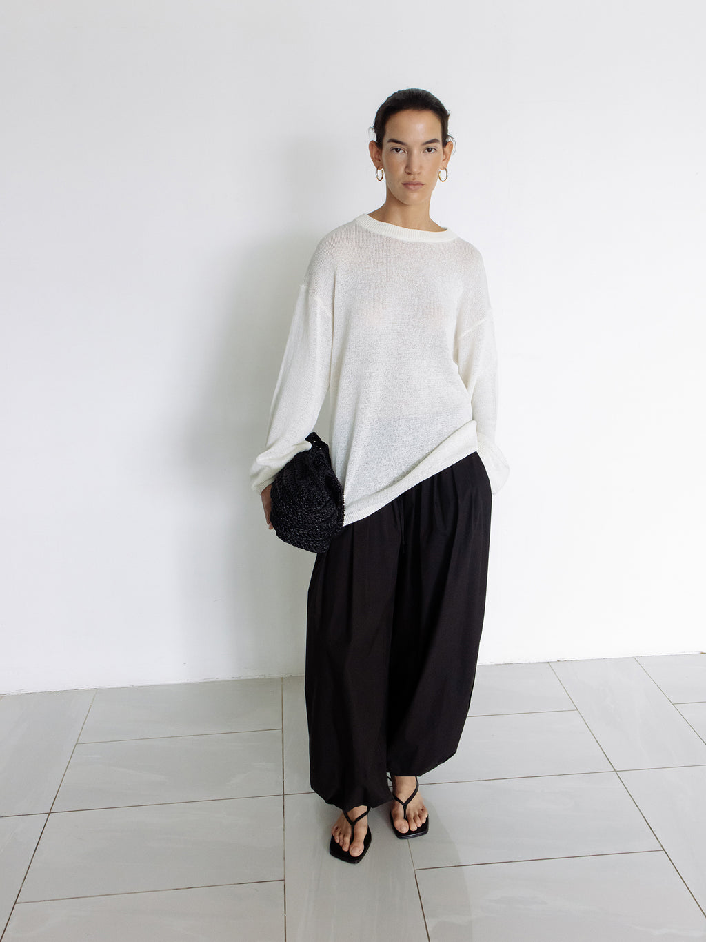 Sheer round pullover ivory
