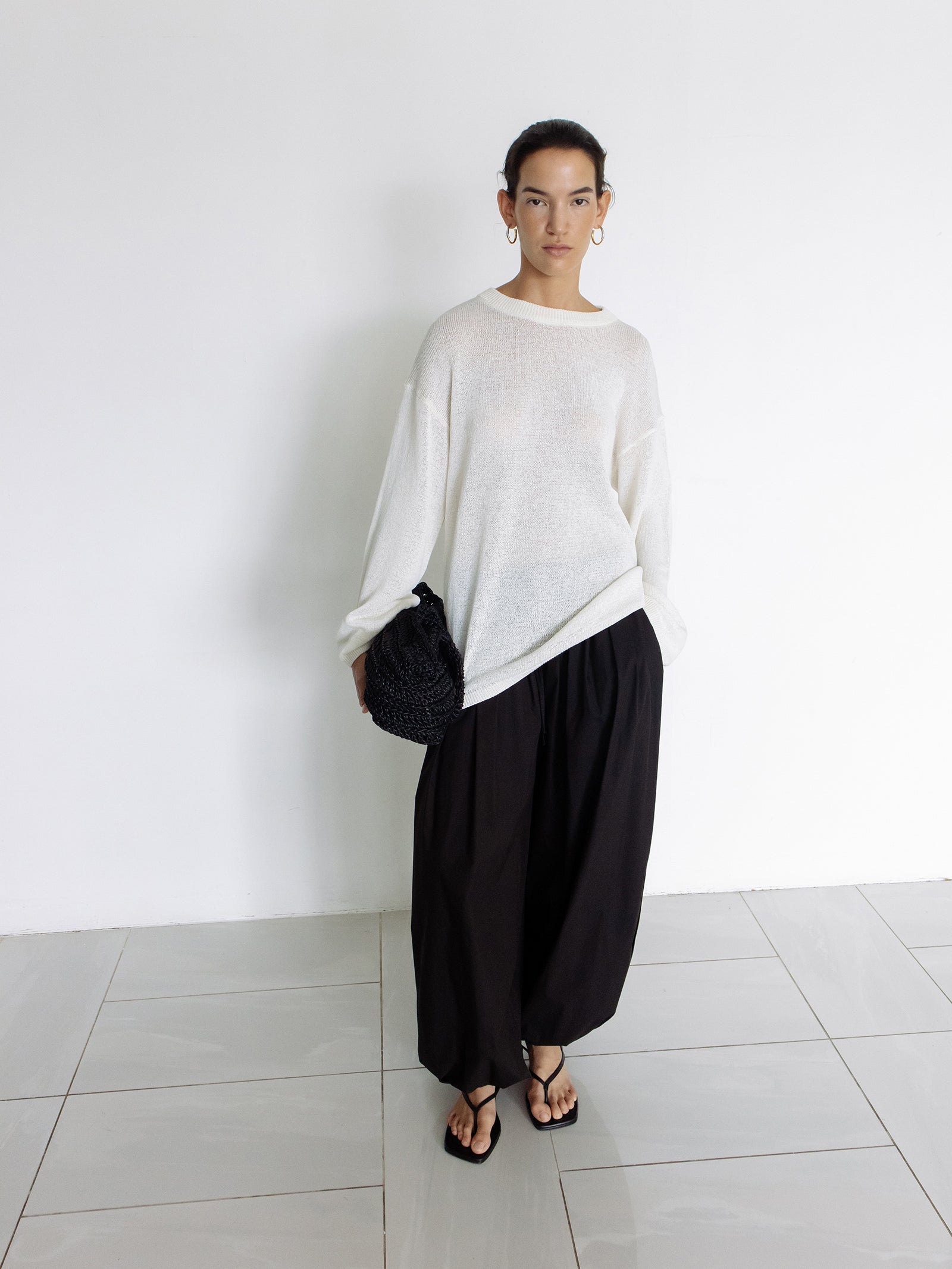 Sheer round pullover ivory