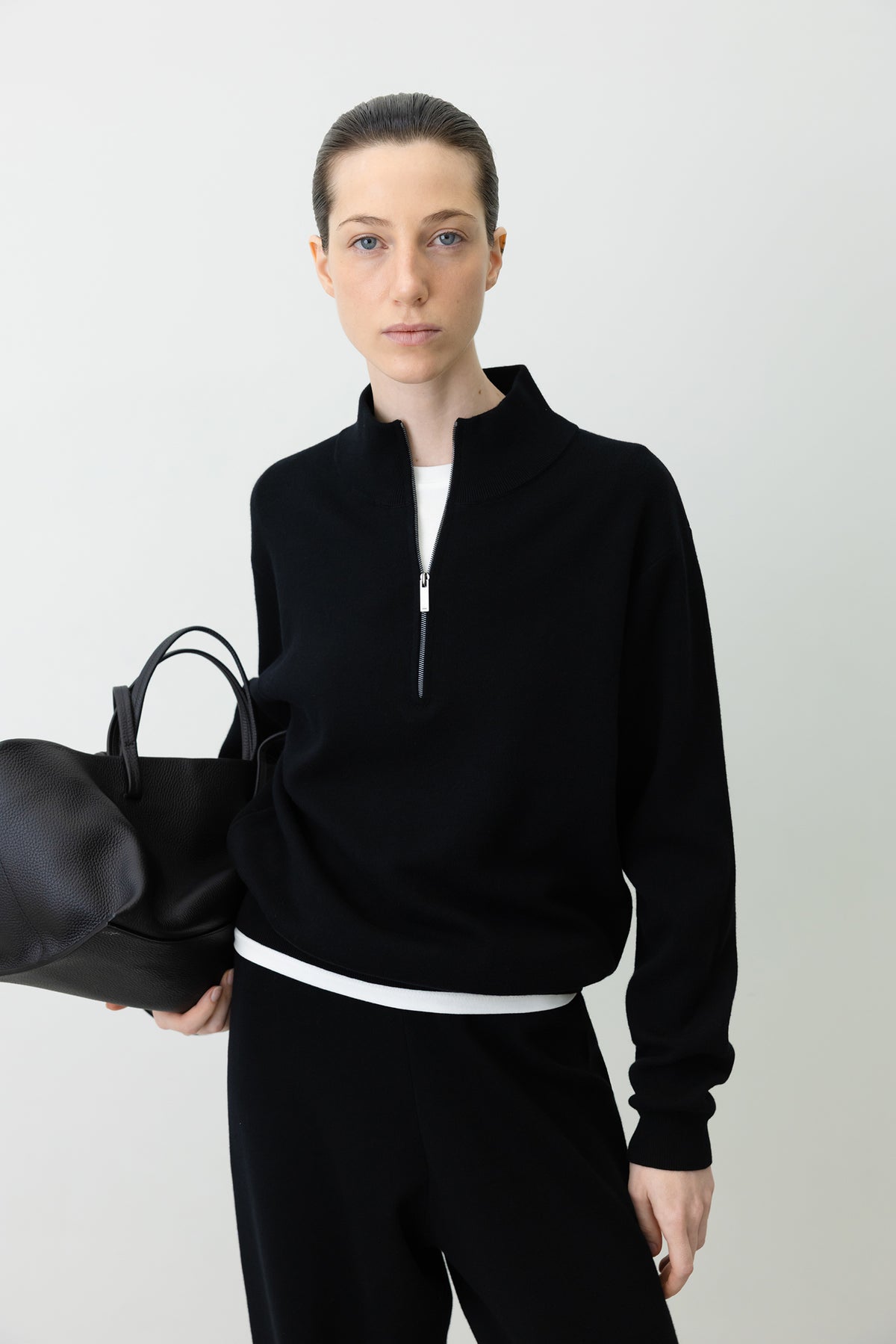 Washable Wool Cotton Half-Zip Knit Black