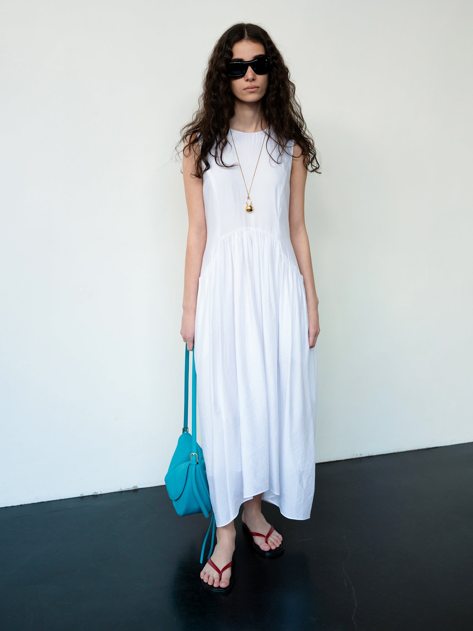 Flowy Shirring One-piece Dress White