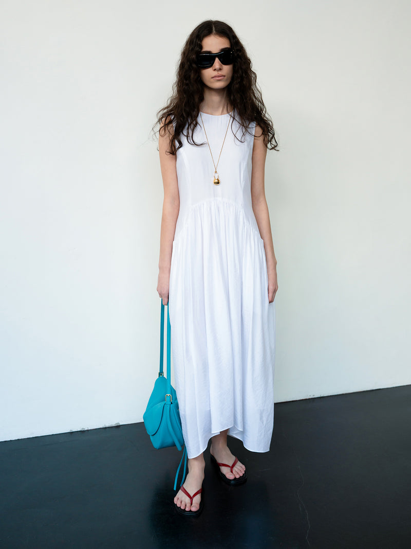 Flowy Shirring One-piece Dress White