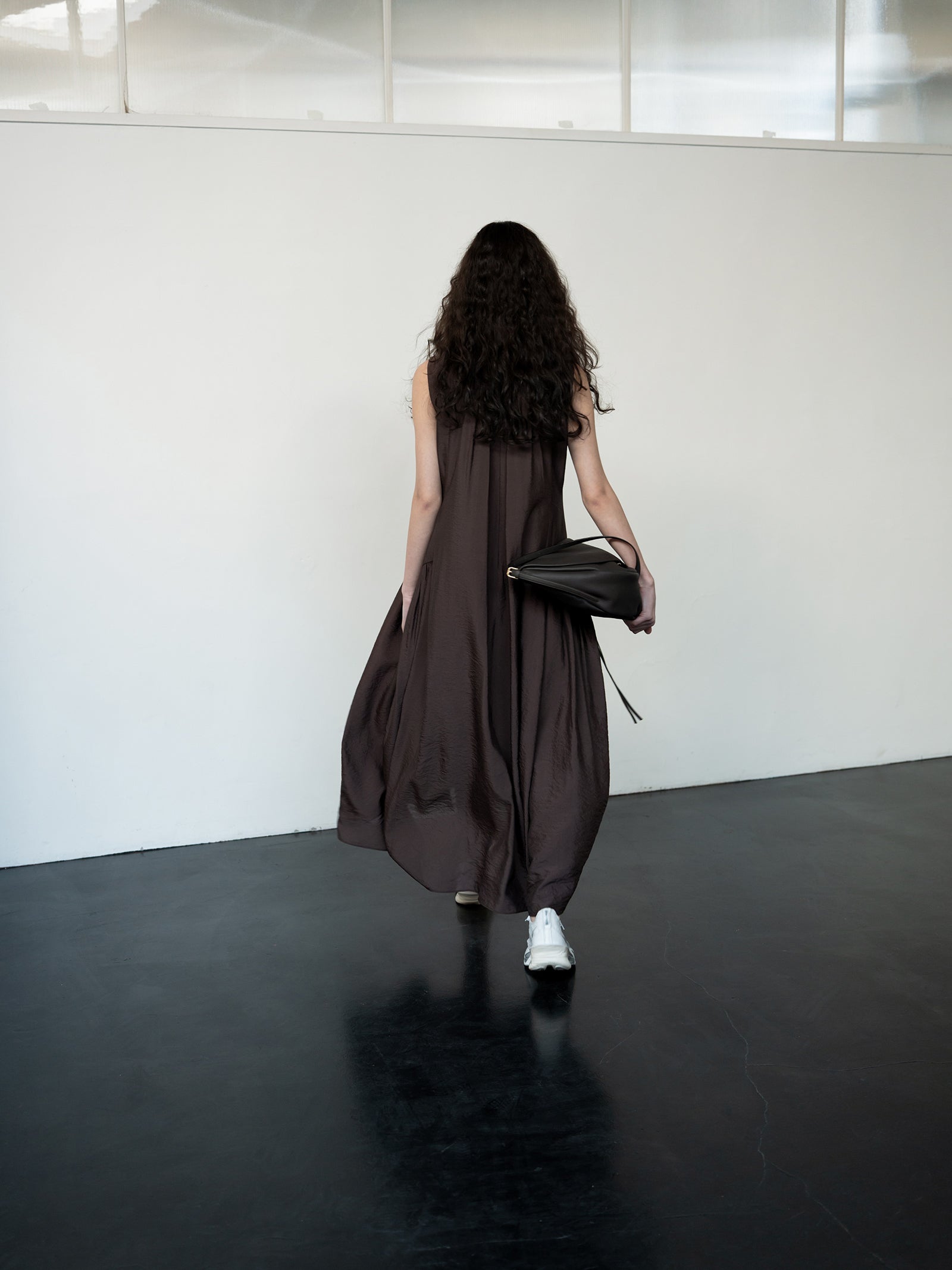 Flowy Shirring One-Piece Dress Brown