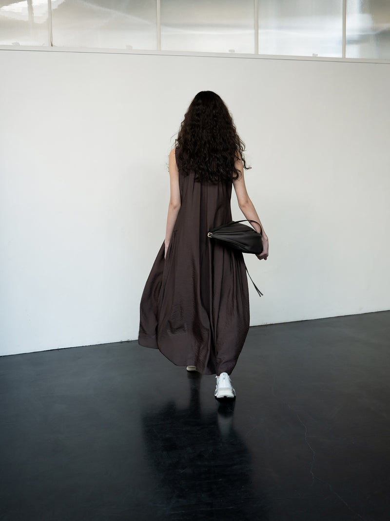 Flowy Shirring One-Piece Dress Brown
