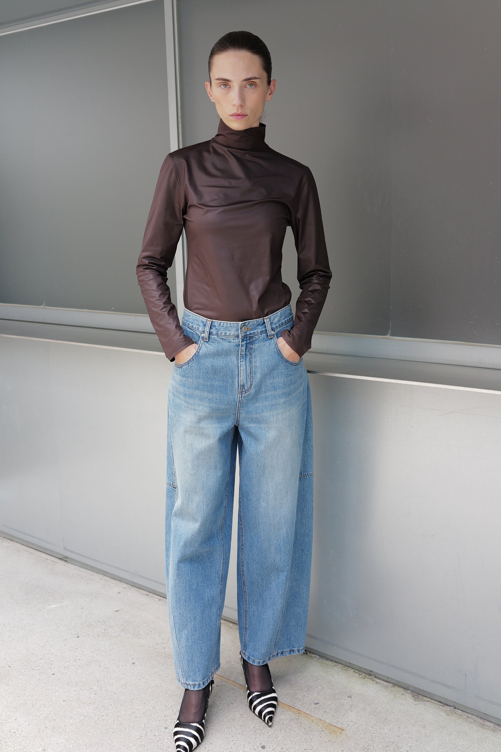 Metallic Turtleneck Top Brown