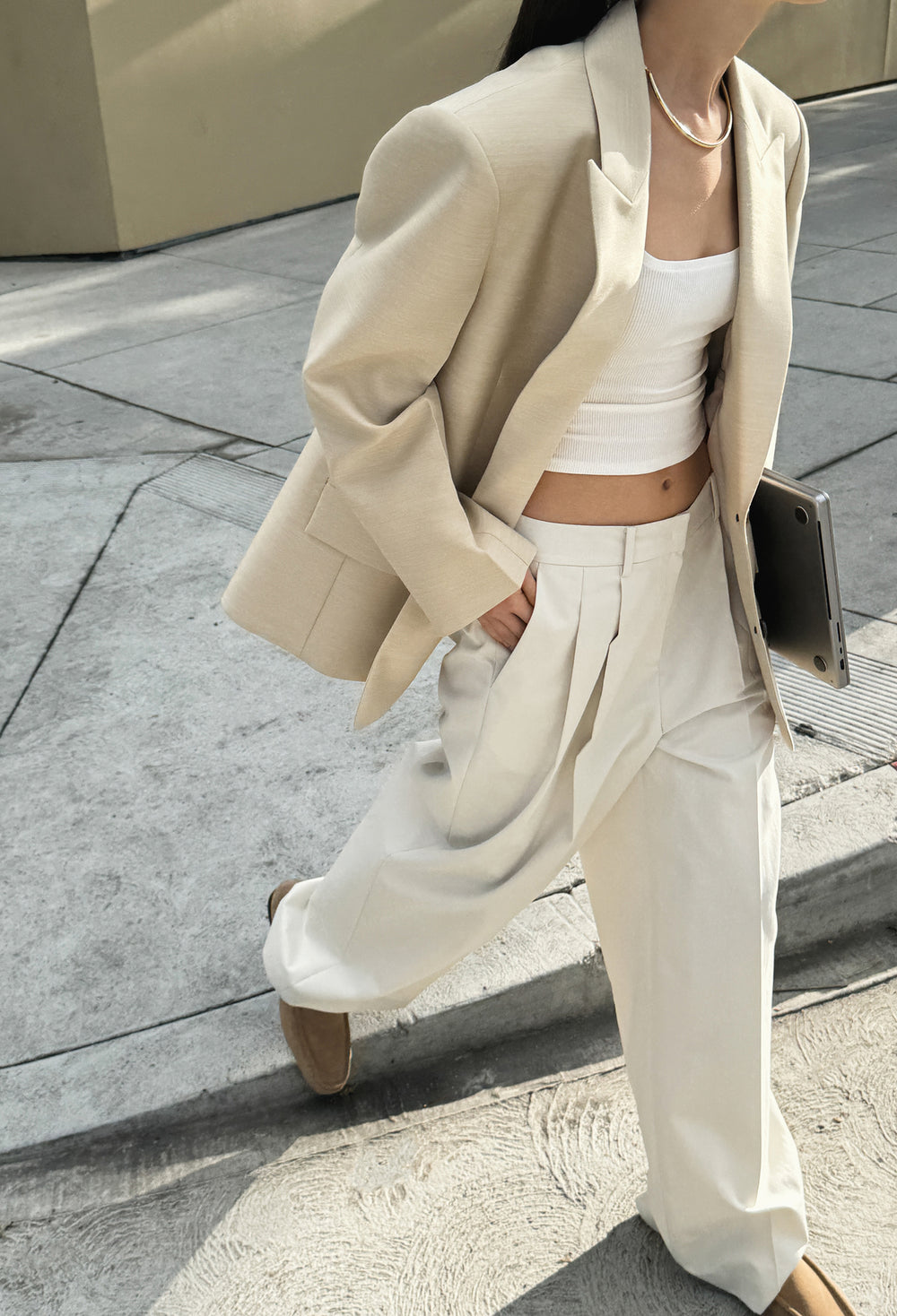 Cotton Wide Trousers Beige