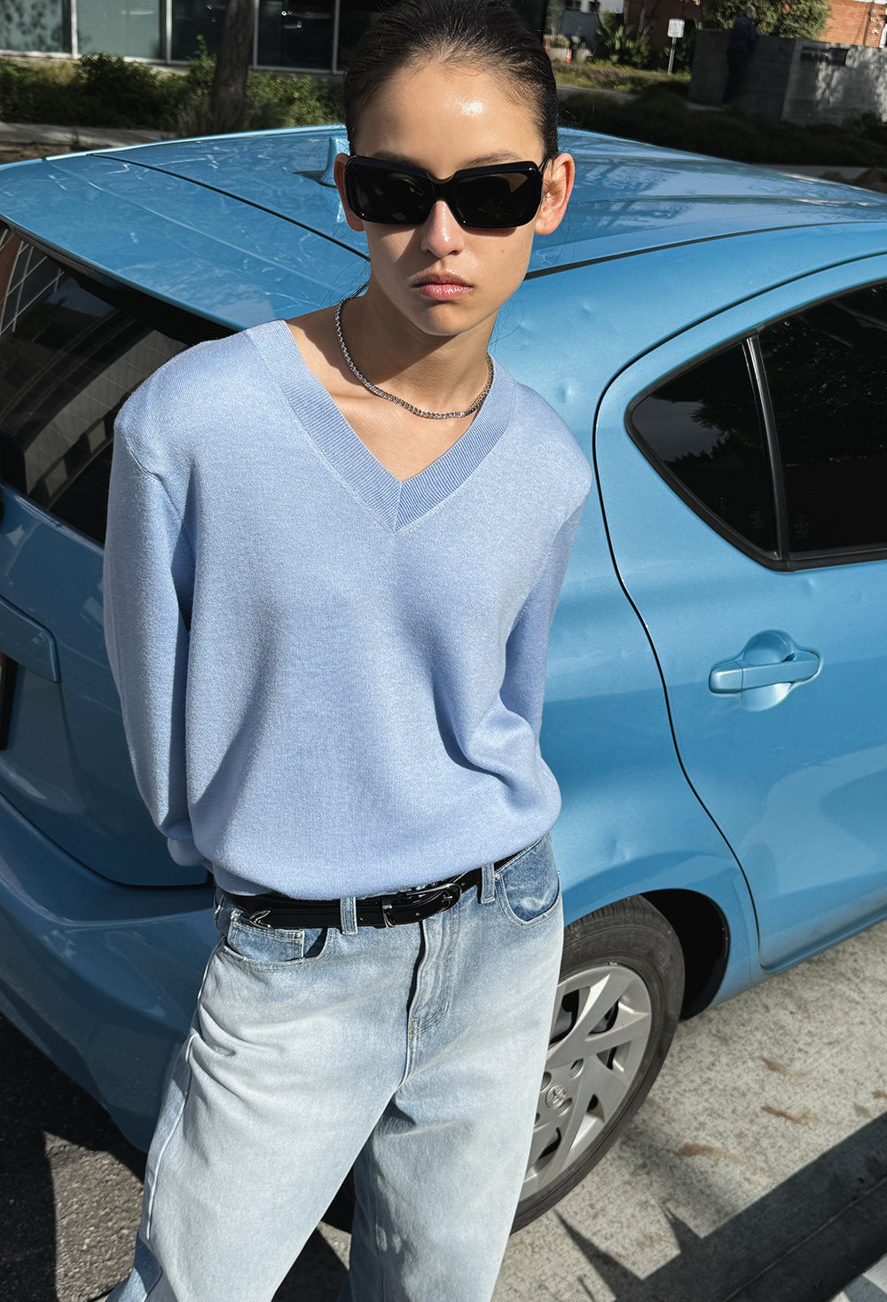 Spring Wool V-Neck Pullover Light Blue