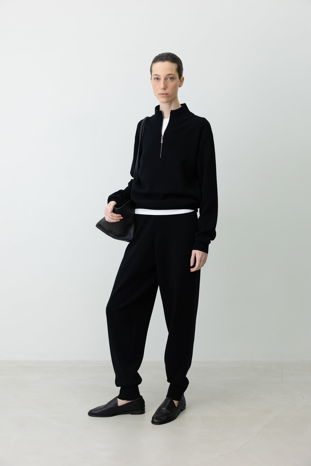 Washable Wool Cotton Half-Zip Knit Black